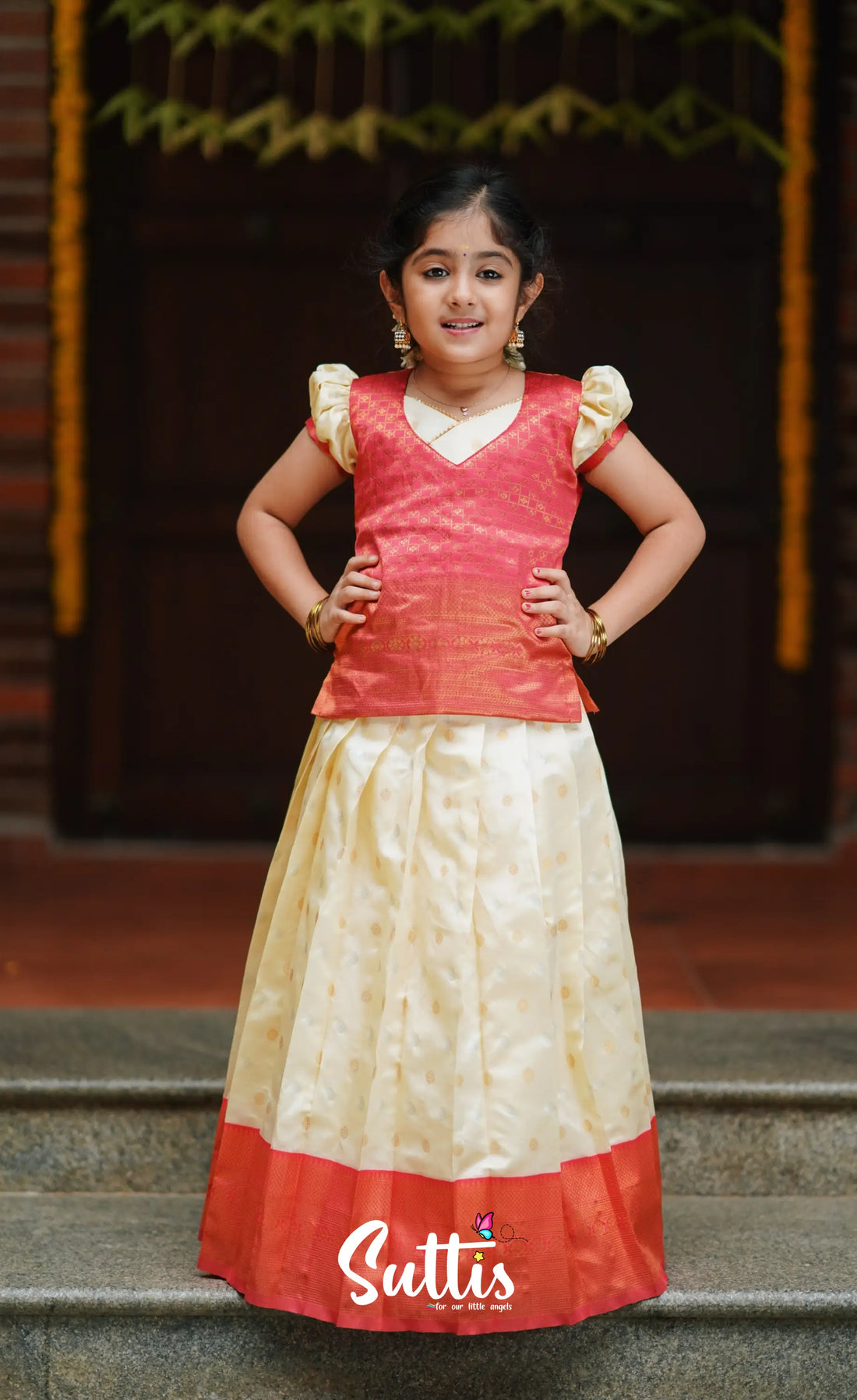 Padmakshi - Cream And Peach Blended Silk Pavadai Top Kids-Suttis