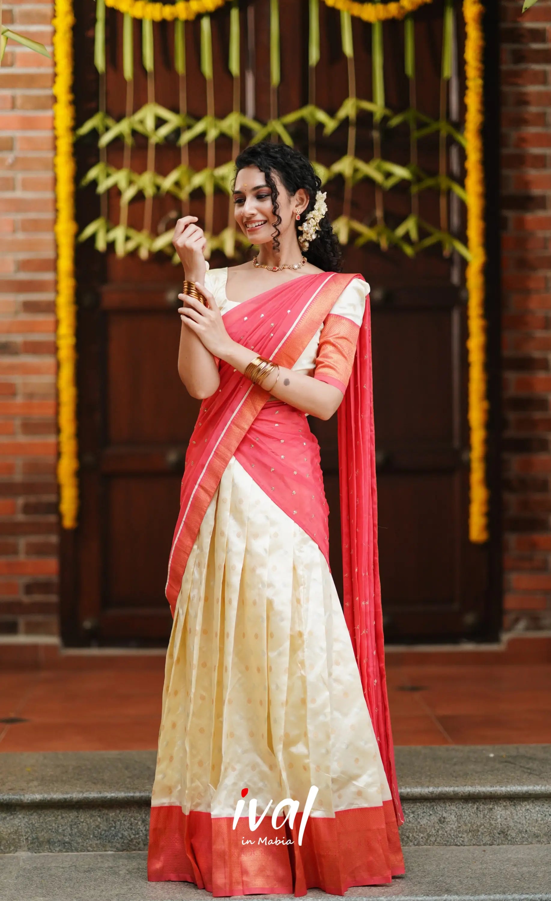 Padmakshi- Cream And Peach Semi Silk Halfsaree Half Sarees