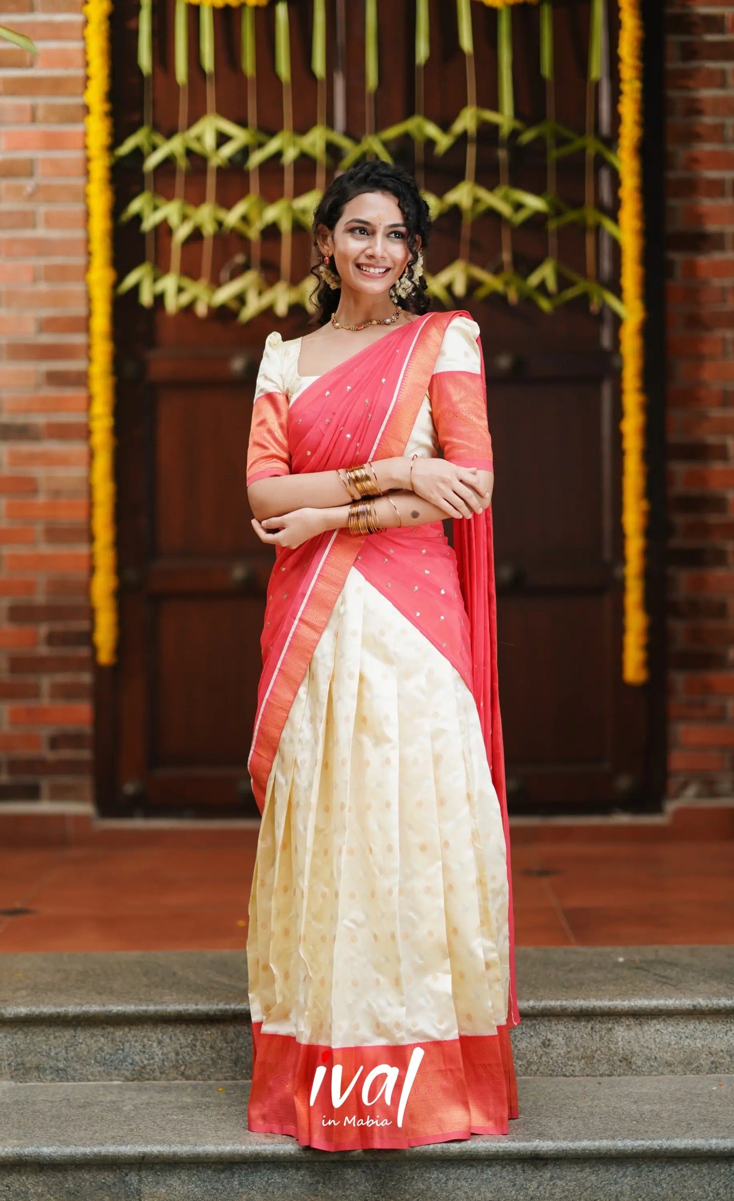 Padmakshi- Cream And Peach Semi Silk Halfsaree Half Sarees