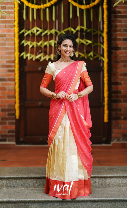 Padmakshi- Cream And Peach Semi Silk Halfsaree Half Sarees