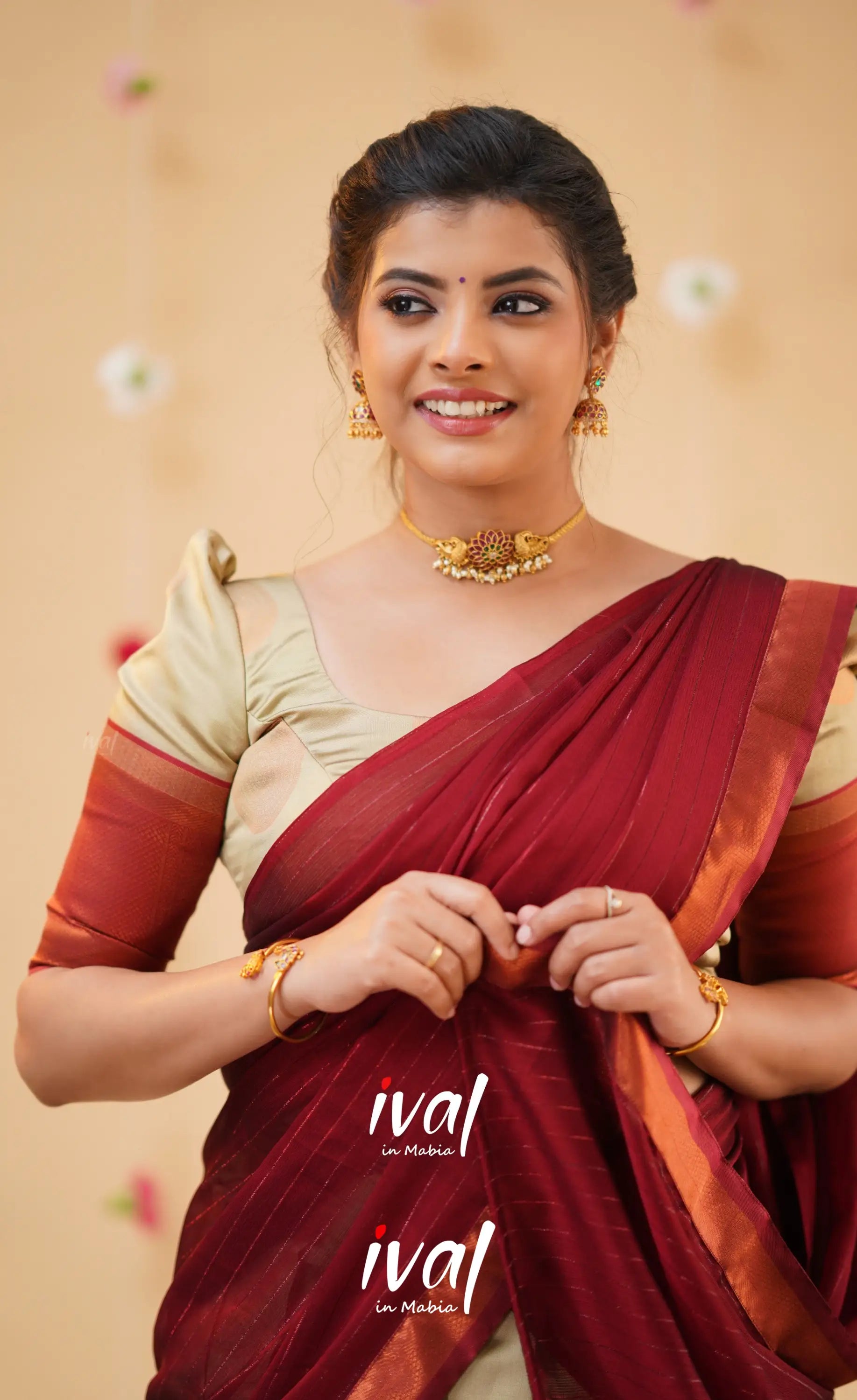 Padmakshi Cream and Reddish Maroon Blended Silk Halfsaree - Half Sarees
