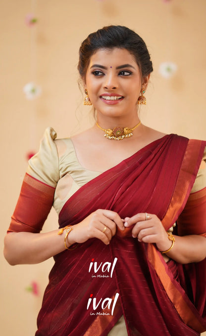 Padmakshi Cream and Reddish Maroon Blended Silk Halfsaree - Half Sarees