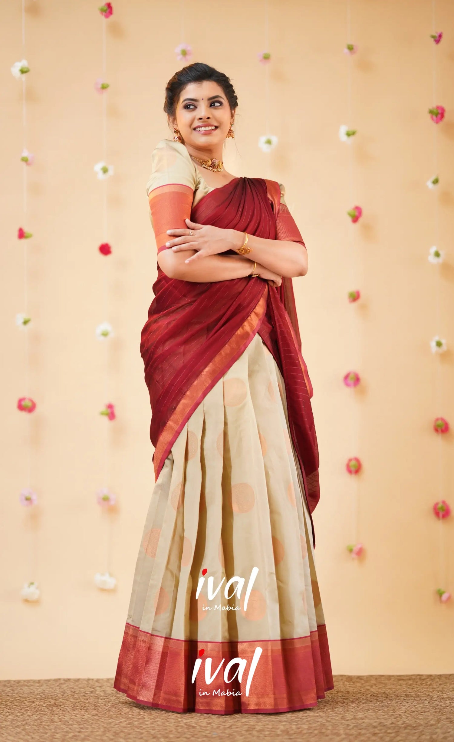 Padmakshi Cream and Reddish Maroon Blended Silk Halfsaree - Half Sarees