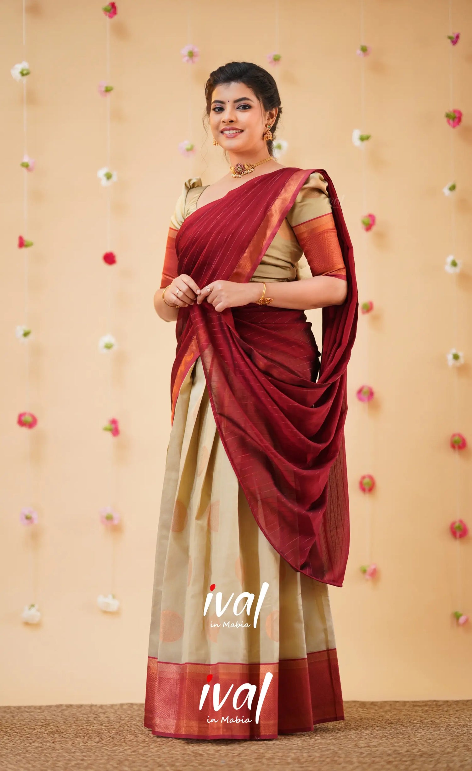Padmakshi Cream and Reddish Maroon Blended Silk Halfsaree - Half Sarees
