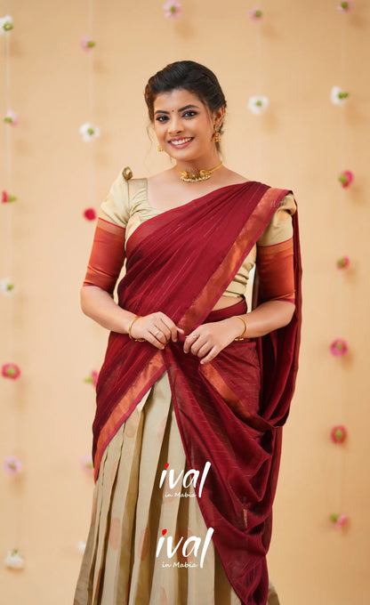Padmakshi Cream and Reddish Maroon Blended Silk Halfsaree - Half Sarees