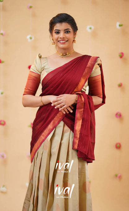 Padmakshi Cream and Reddish Maroon Blended Silk Halfsaree - Half Sarees