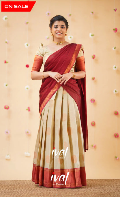 Padmakshi Cream and Reddish Maroon Blended Silk Halfsaree - Half Sarees