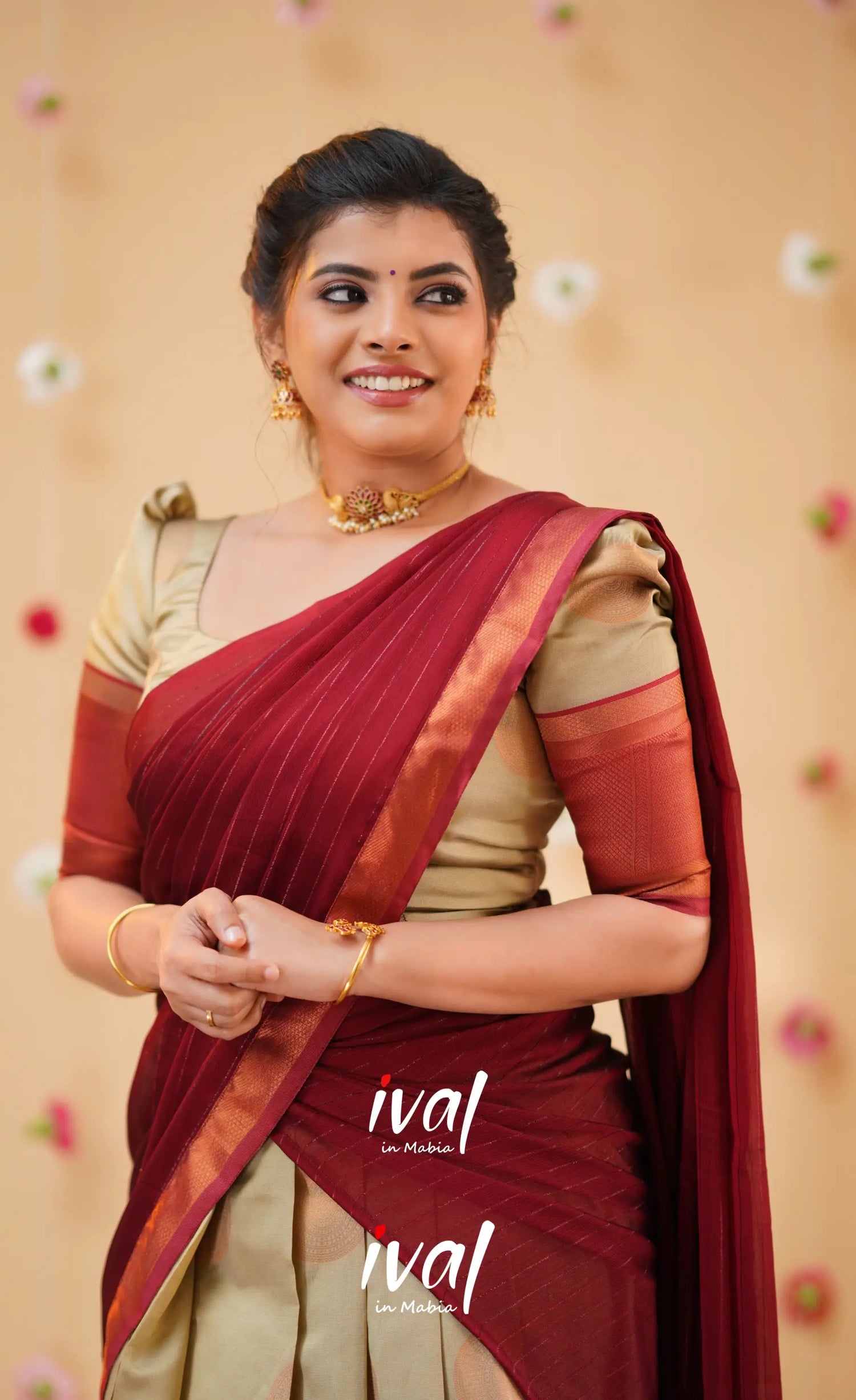 Padmakshi Cream and Reddish Maroon Blended Silk Halfsaree - Half Sarees