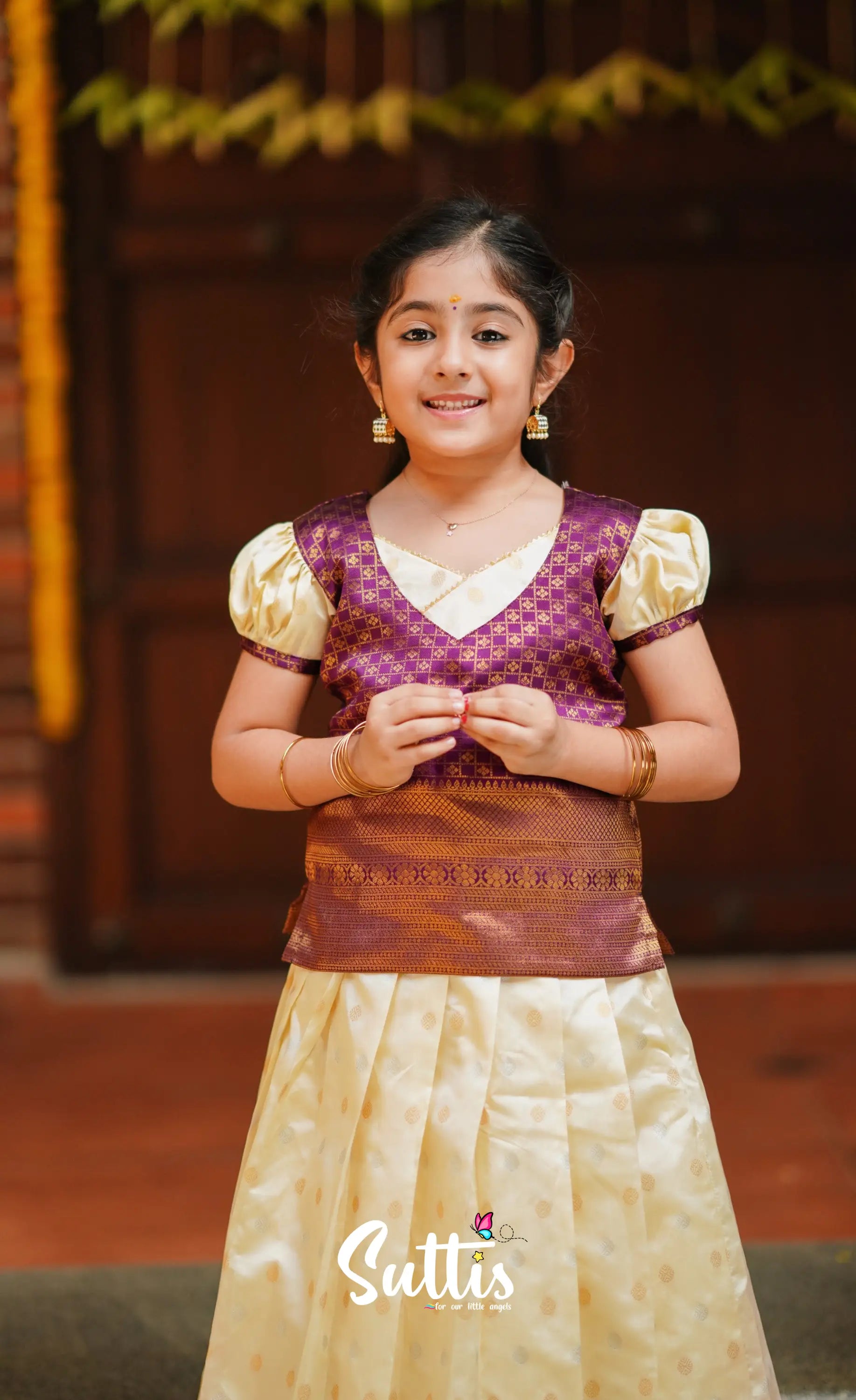 Padmakshi - Cream And Violet Blended Silk Pavadai Top Kids-Suttis