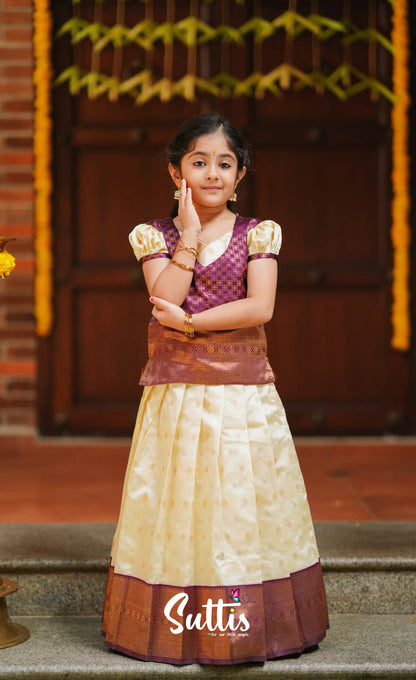 Padmakshi - Cream And Violet Blended Silk Pavadai Top Kids-Suttis