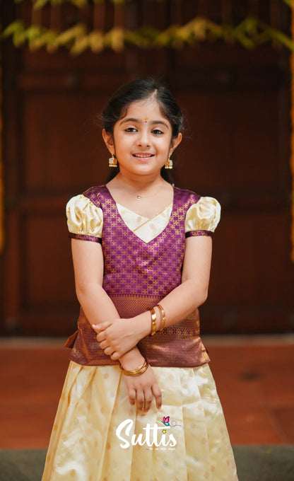 Padmakshi - Cream And Violet Blended Silk Pavadai Top Kids-Suttis