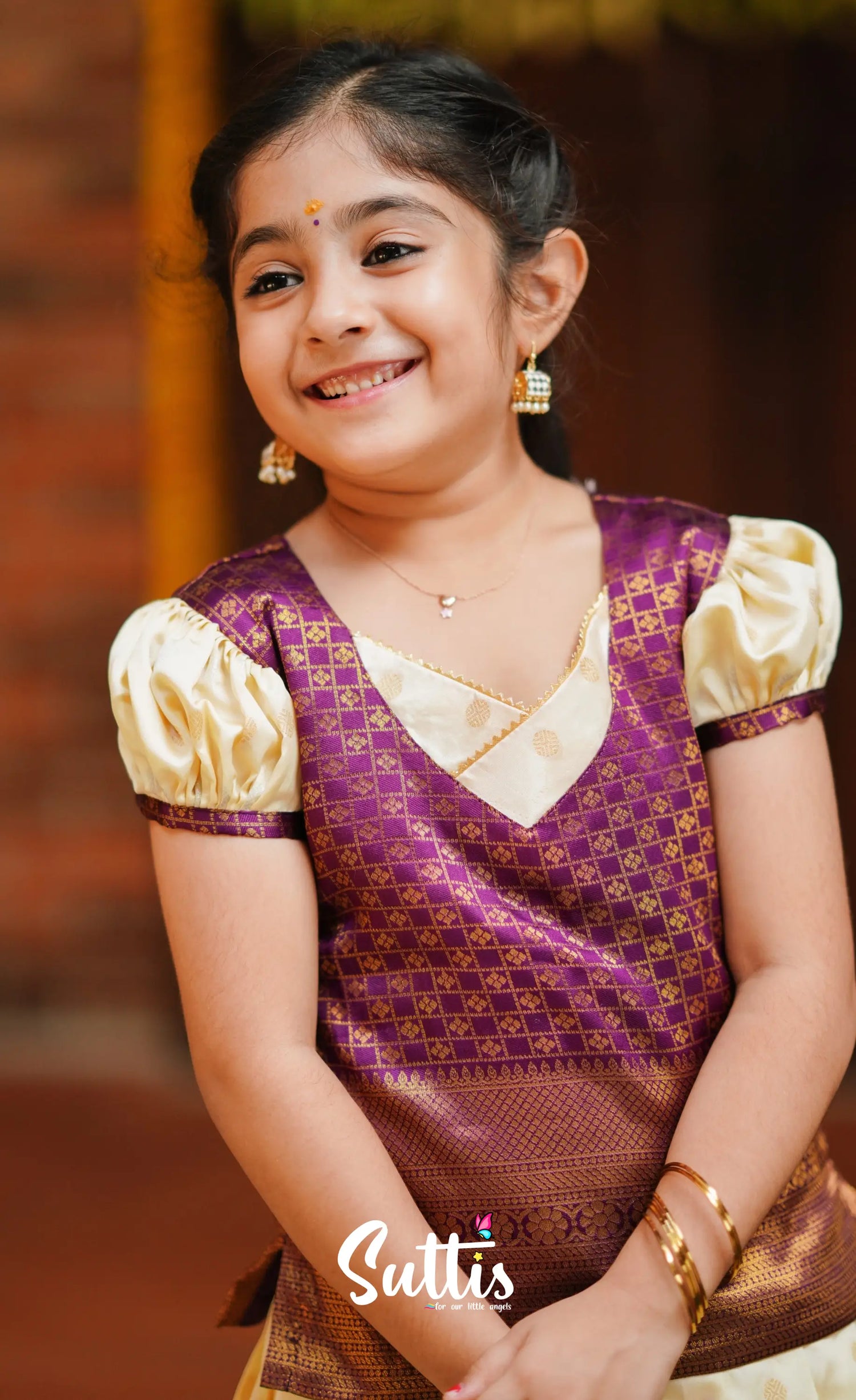 Padmakshi - Cream And Violet Blended Silk Pavadai Top Kids-Suttis