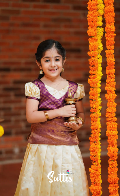 Padmakshi - Cream And Violet Blended Silk Pavadai Top Kids-Suttis