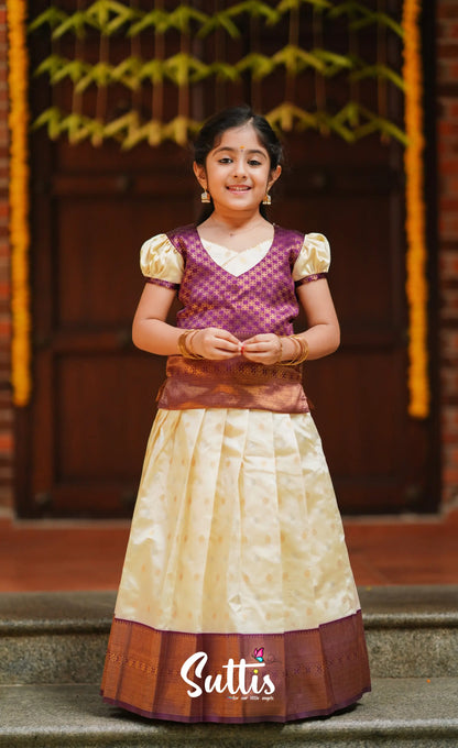 Padmakshi - Cream And Violet Blended Silk Pavadai Top Kids-Suttis