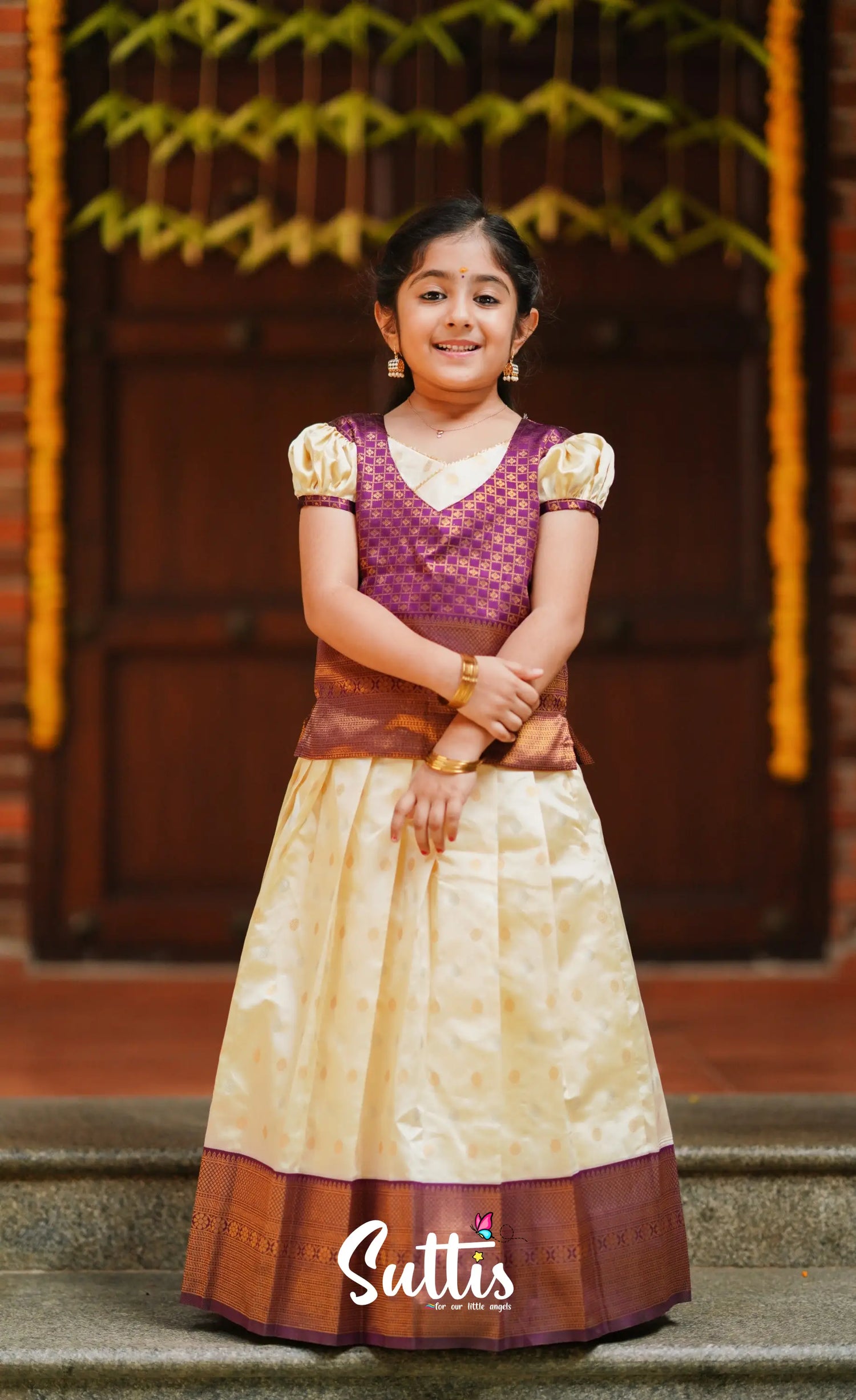 Padmakshi - Cream And Violet Blended Silk Pavadai Top Kids-Suttis