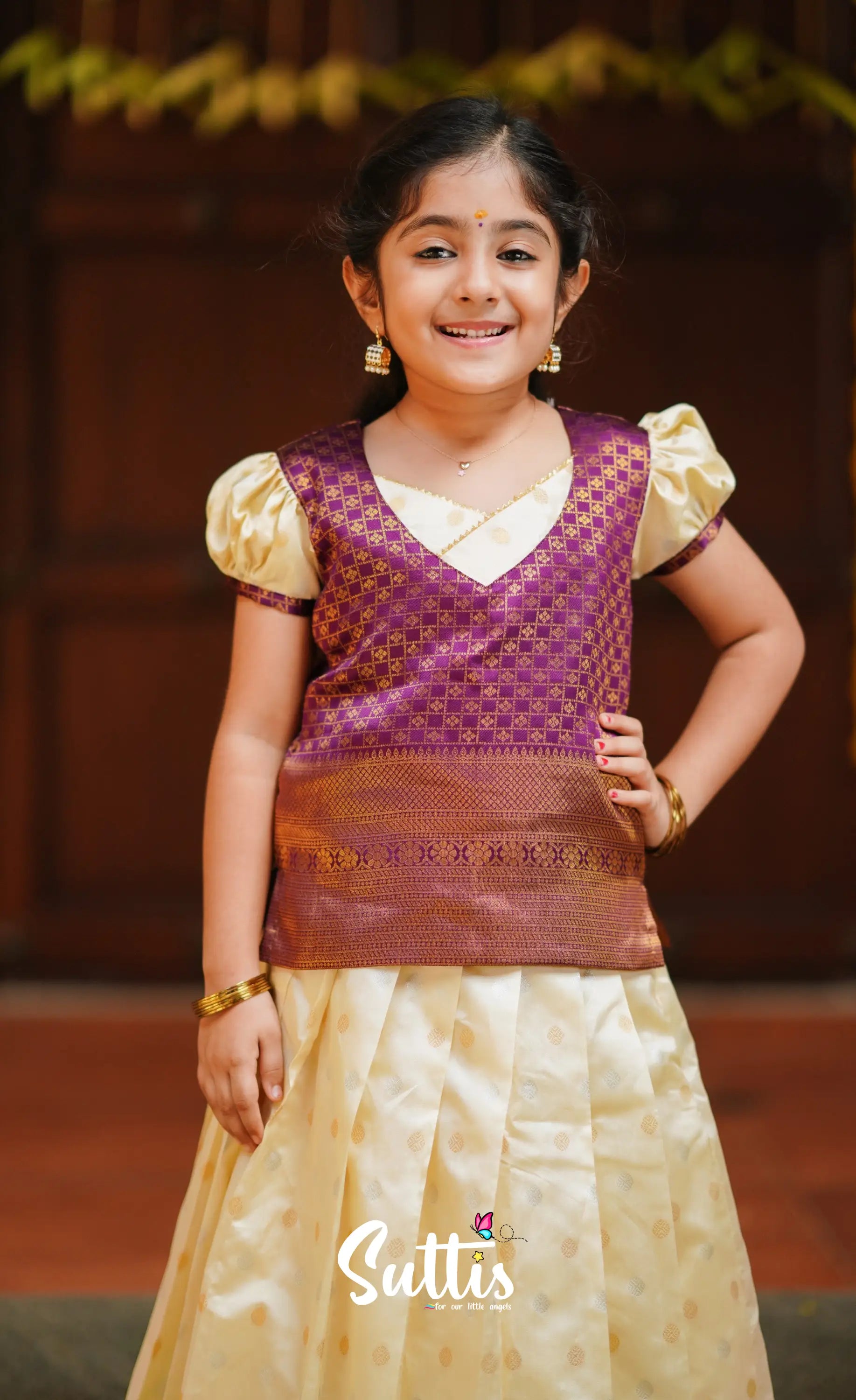 Padmakshi - Cream And Violet Blended Silk Pavadai Top Kids-Suttis