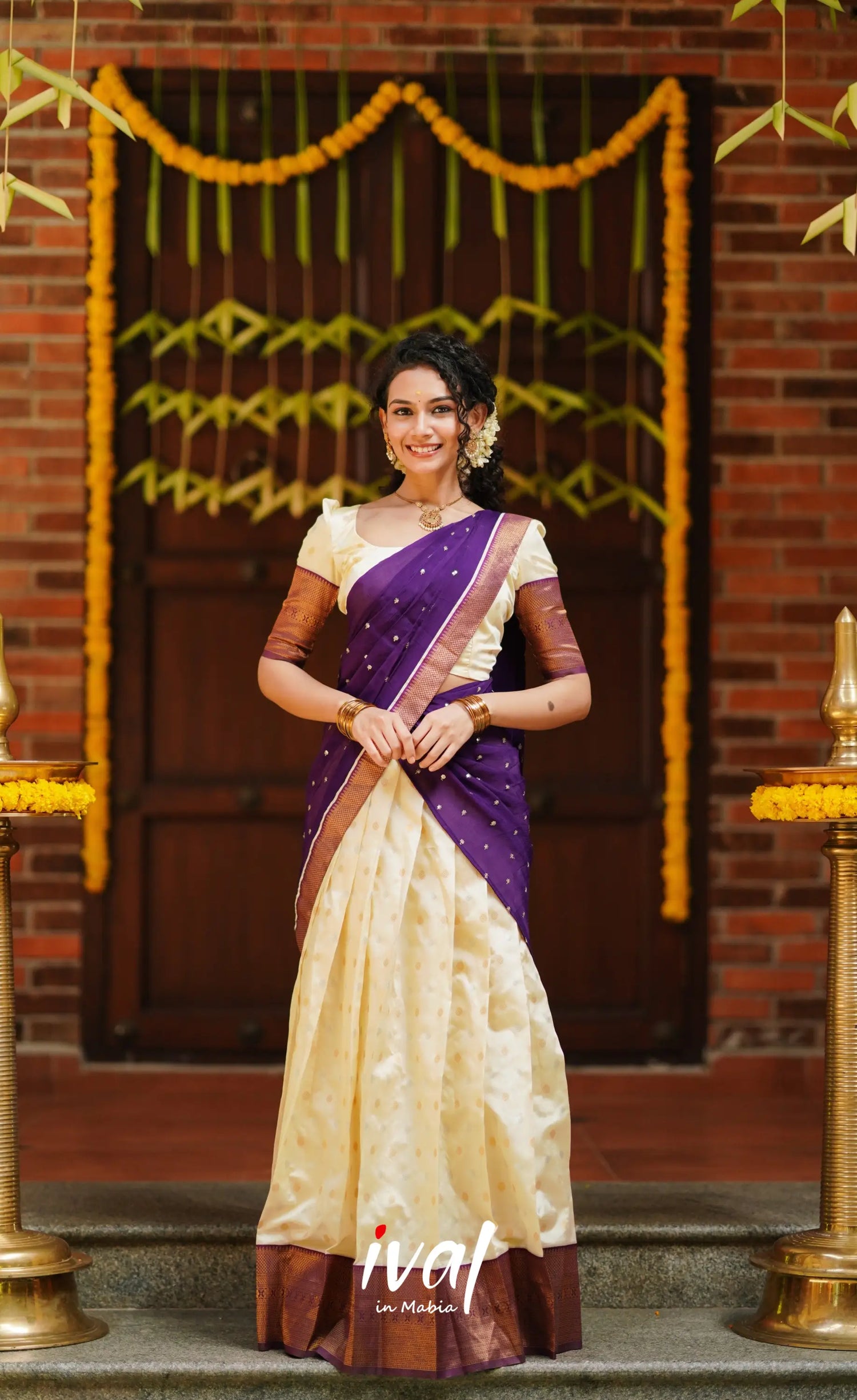 Padmakshi- Cream And Violet Semi Silk Halfsaree Half Sarees