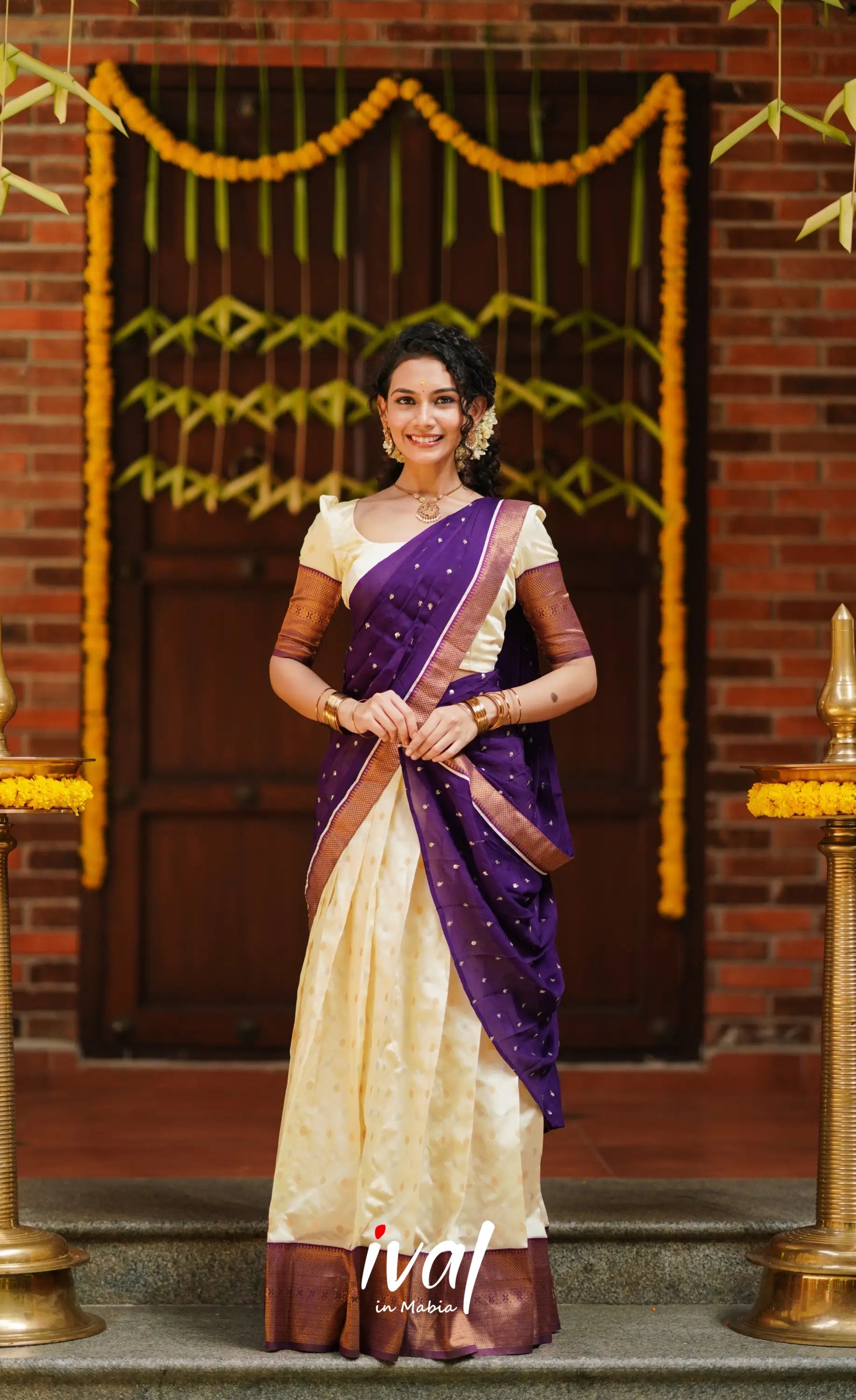 Padmakshi- Cream And Violet Semi Silk Halfsaree Half Sarees