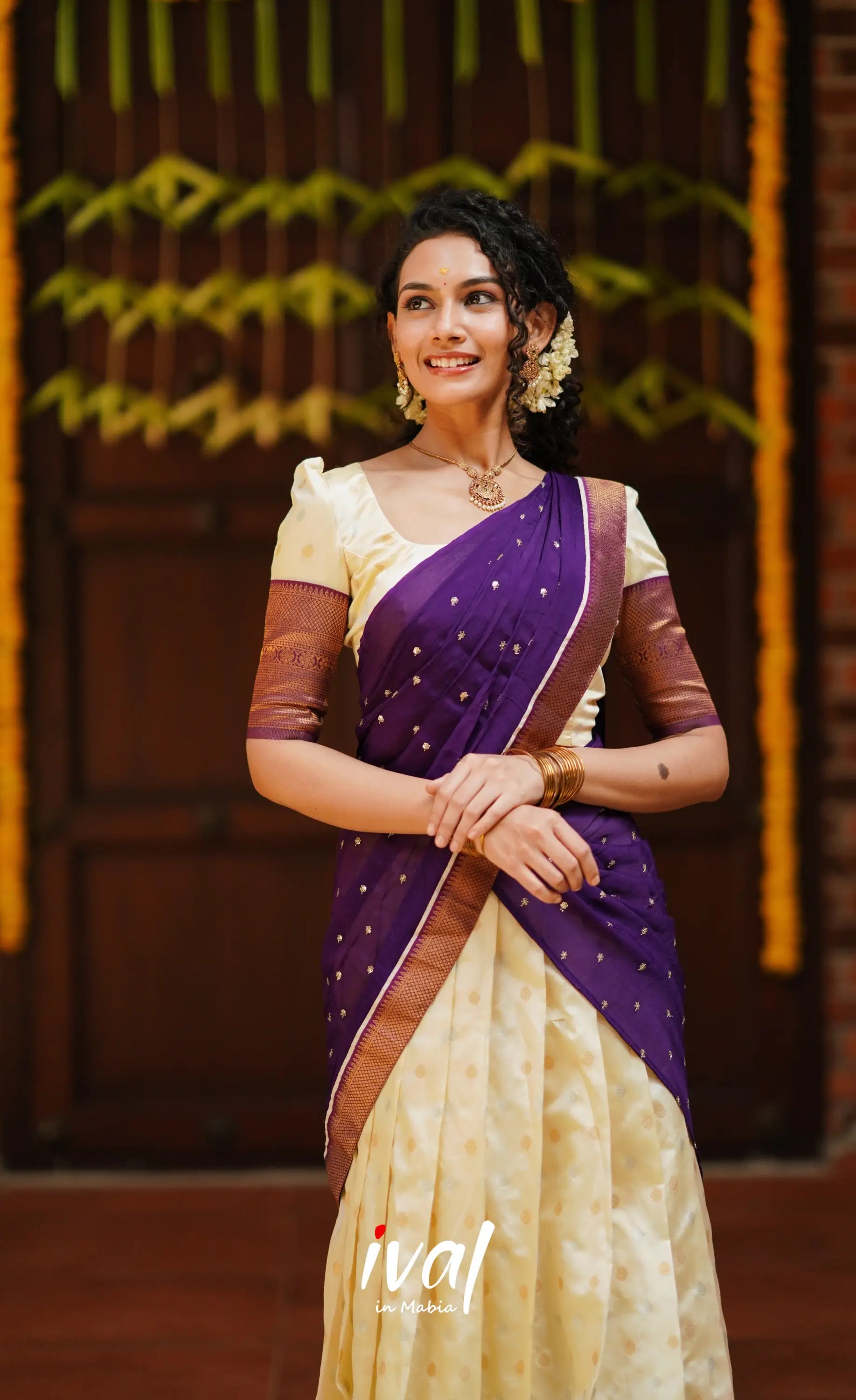 Padmakshi- Cream And Violet Semi Silk Halfsaree Half Sarees