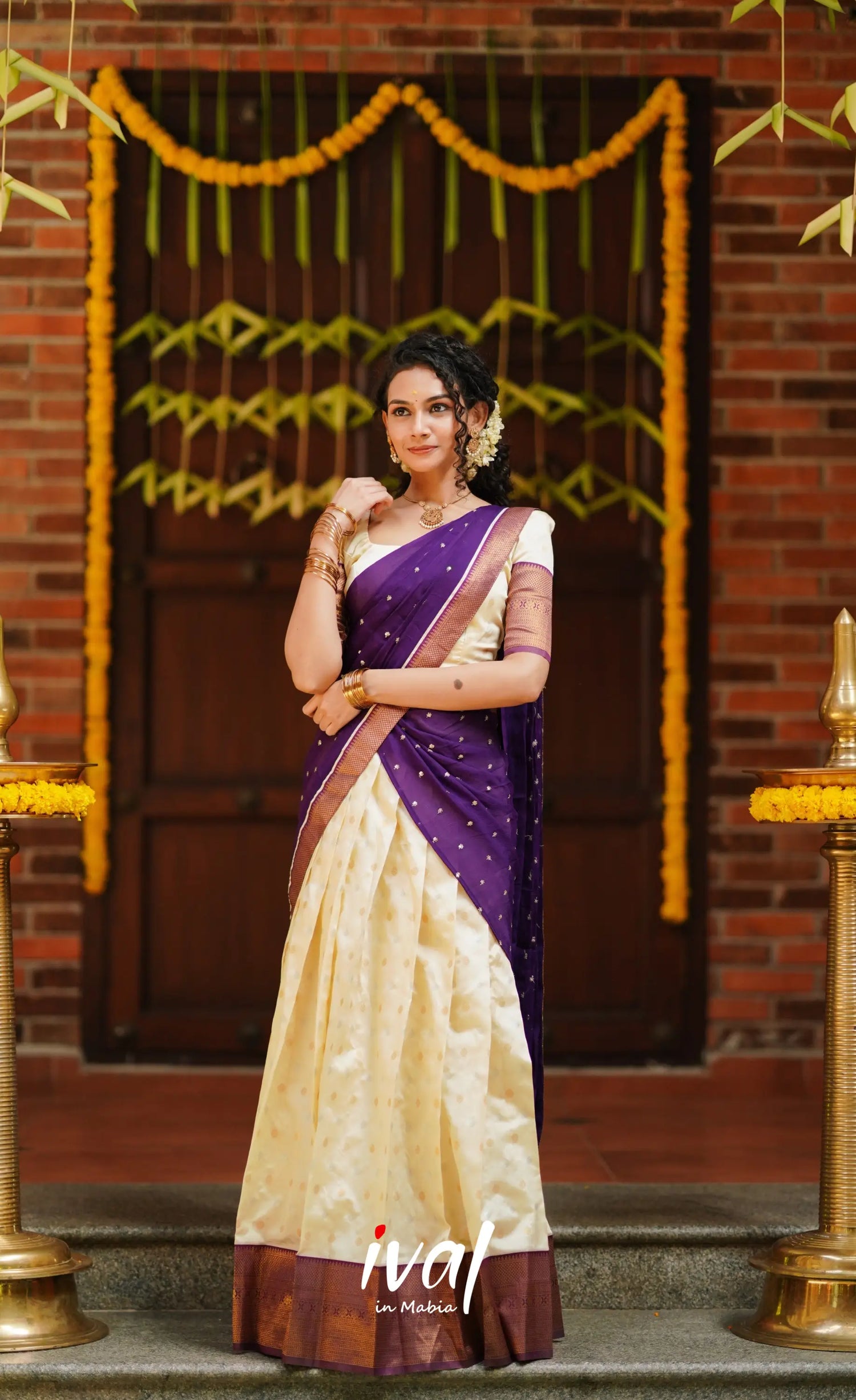 Padmakshi- Cream And Violet Semi Silk Halfsaree Half Sarees