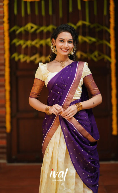 Padmakshi- Cream And Violet Semi Silk Halfsaree Half Sarees