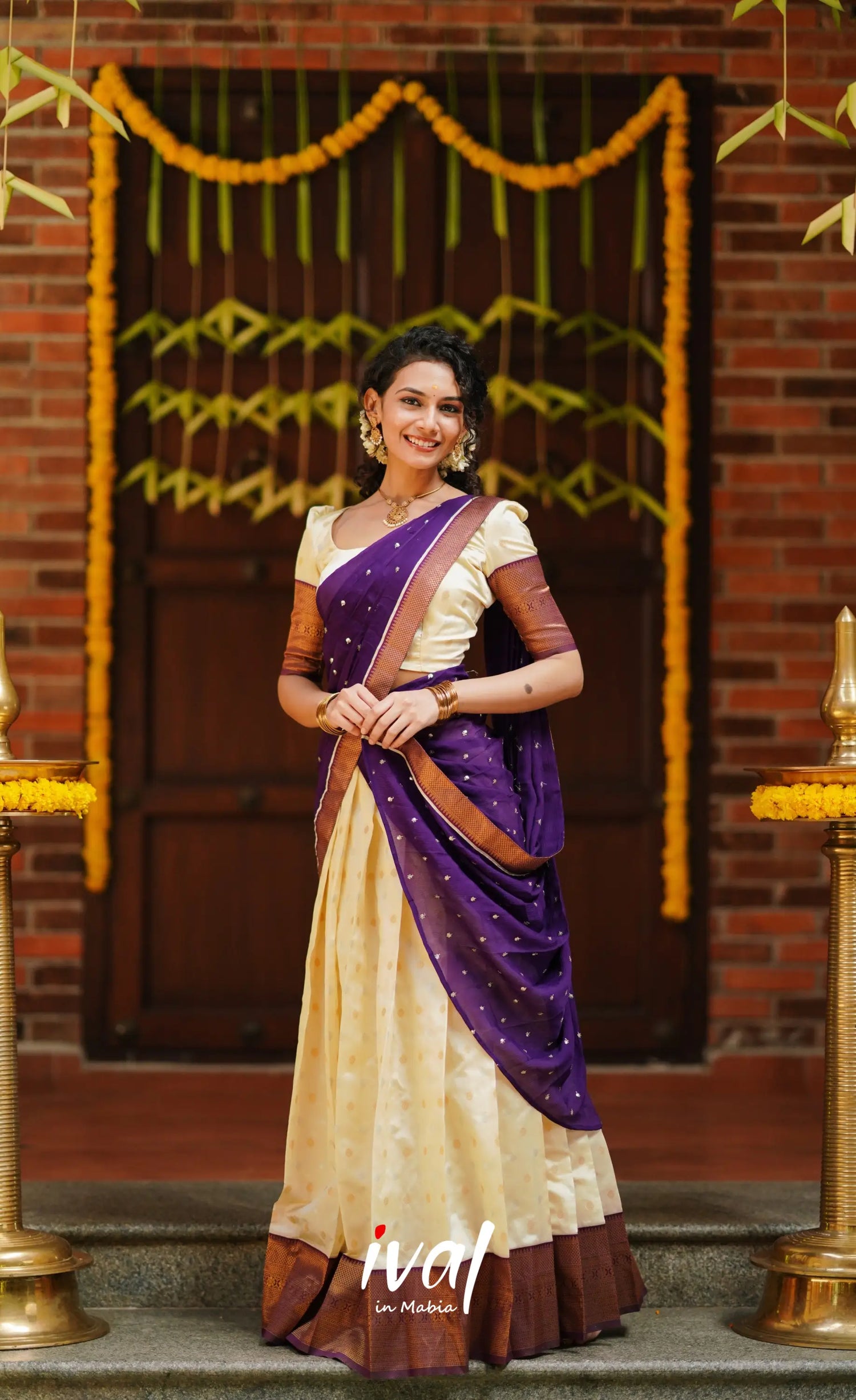 Padmakshi- Cream And Violet Semi Silk Halfsaree Half Sarees