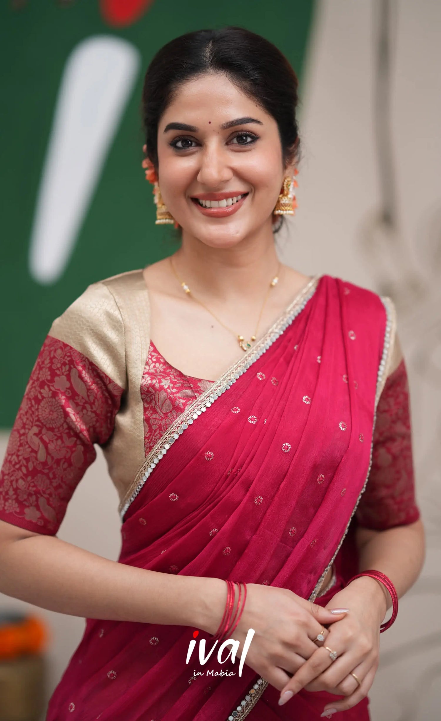 Padmakshi Creamish Gold and Red Blended Silk Halfsaree Half Sarees