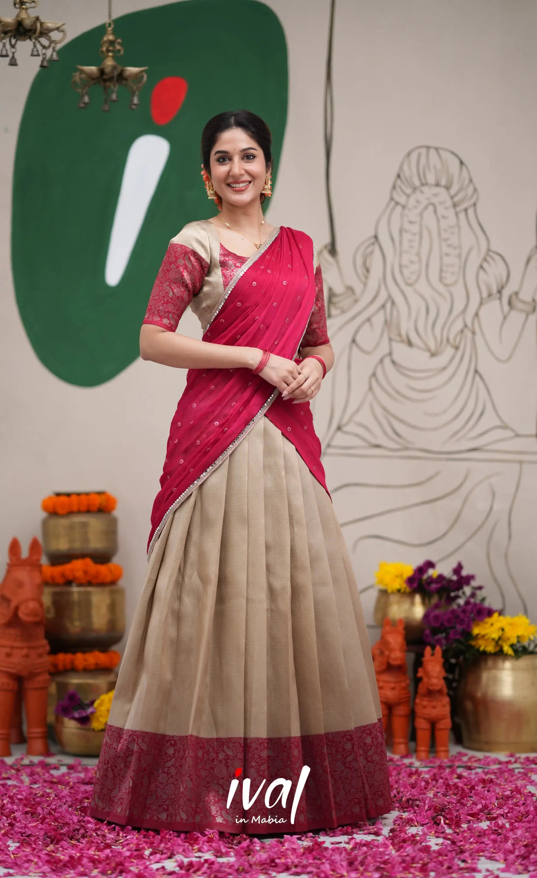 Padmakshi Creamish Gold and Red Blended Silk Halfsaree Half Sarees