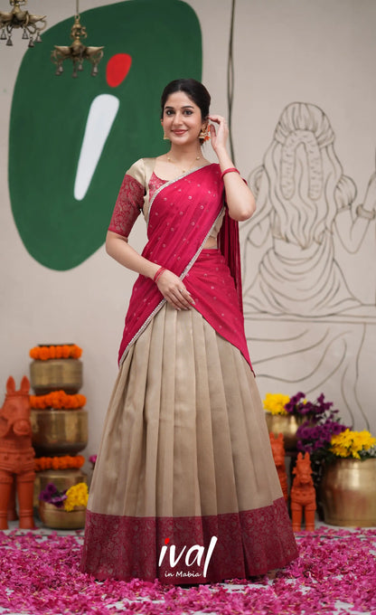 Padmakshi Creamish Gold and Red Blended Silk Halfsaree Half Sarees