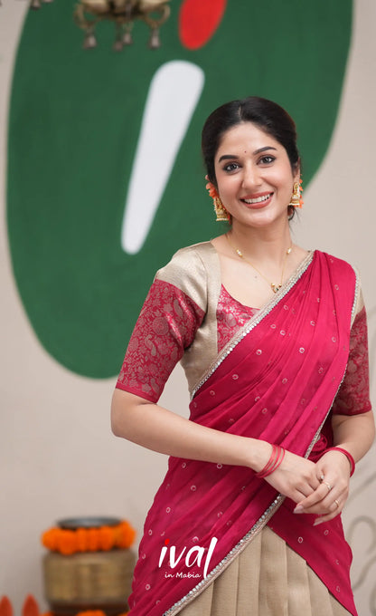 Padmakshi Creamish Gold and Red Blended Silk Halfsaree Half Sarees