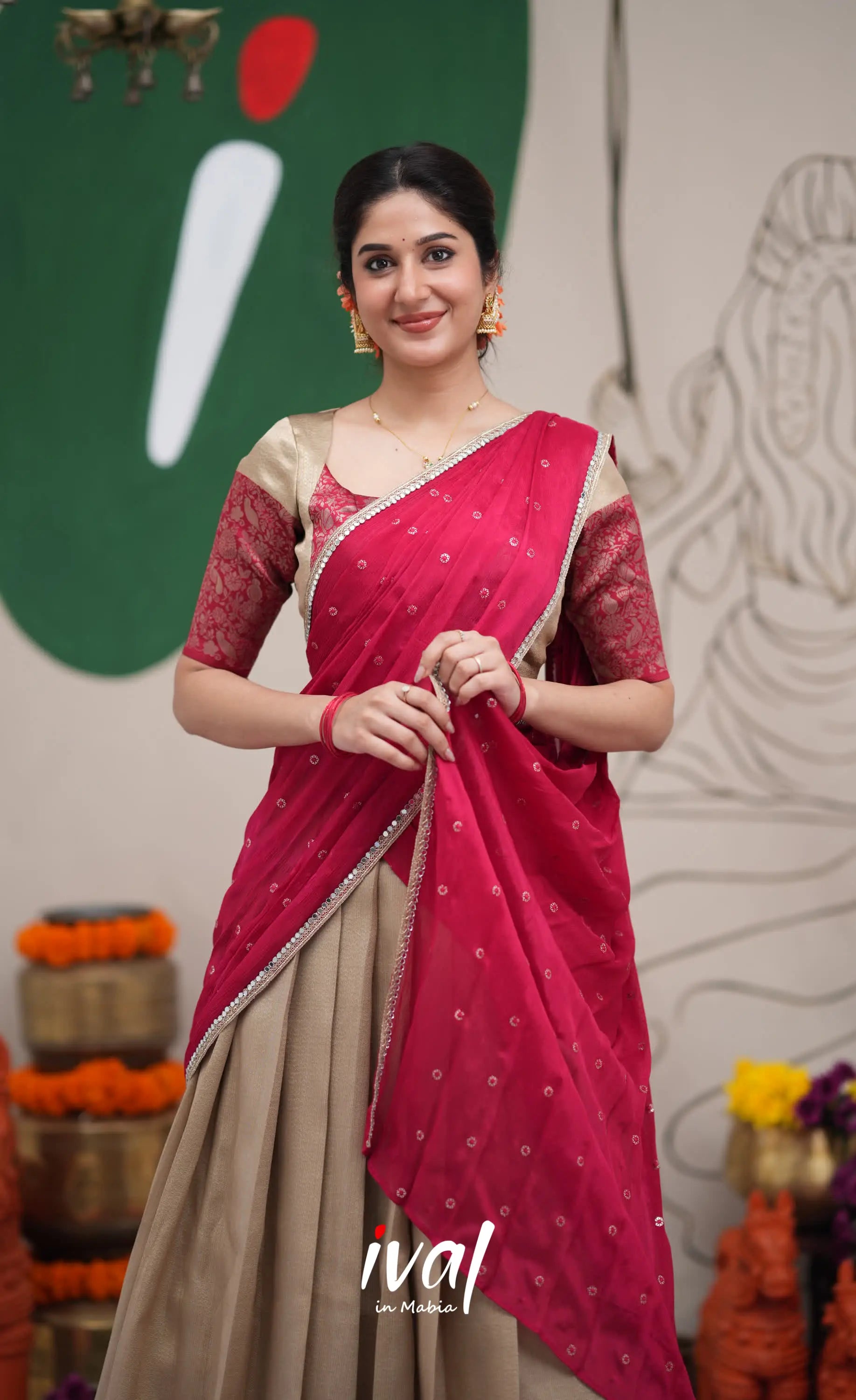 Padmakshi Creamish Gold and Red Blended Silk Halfsaree Half Sarees