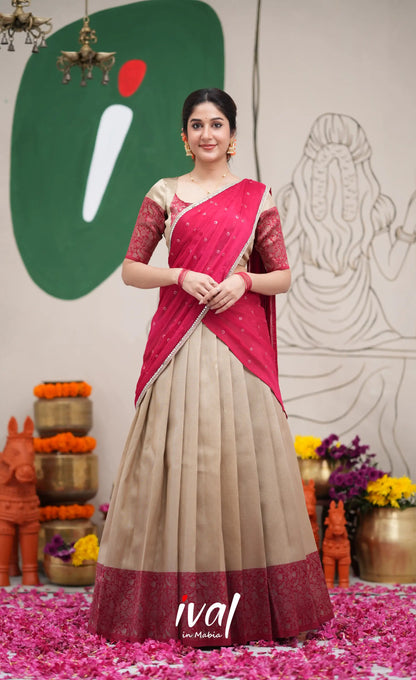 Padmakshi Creamish Gold and Red Blended Silk Halfsaree Half Sarees