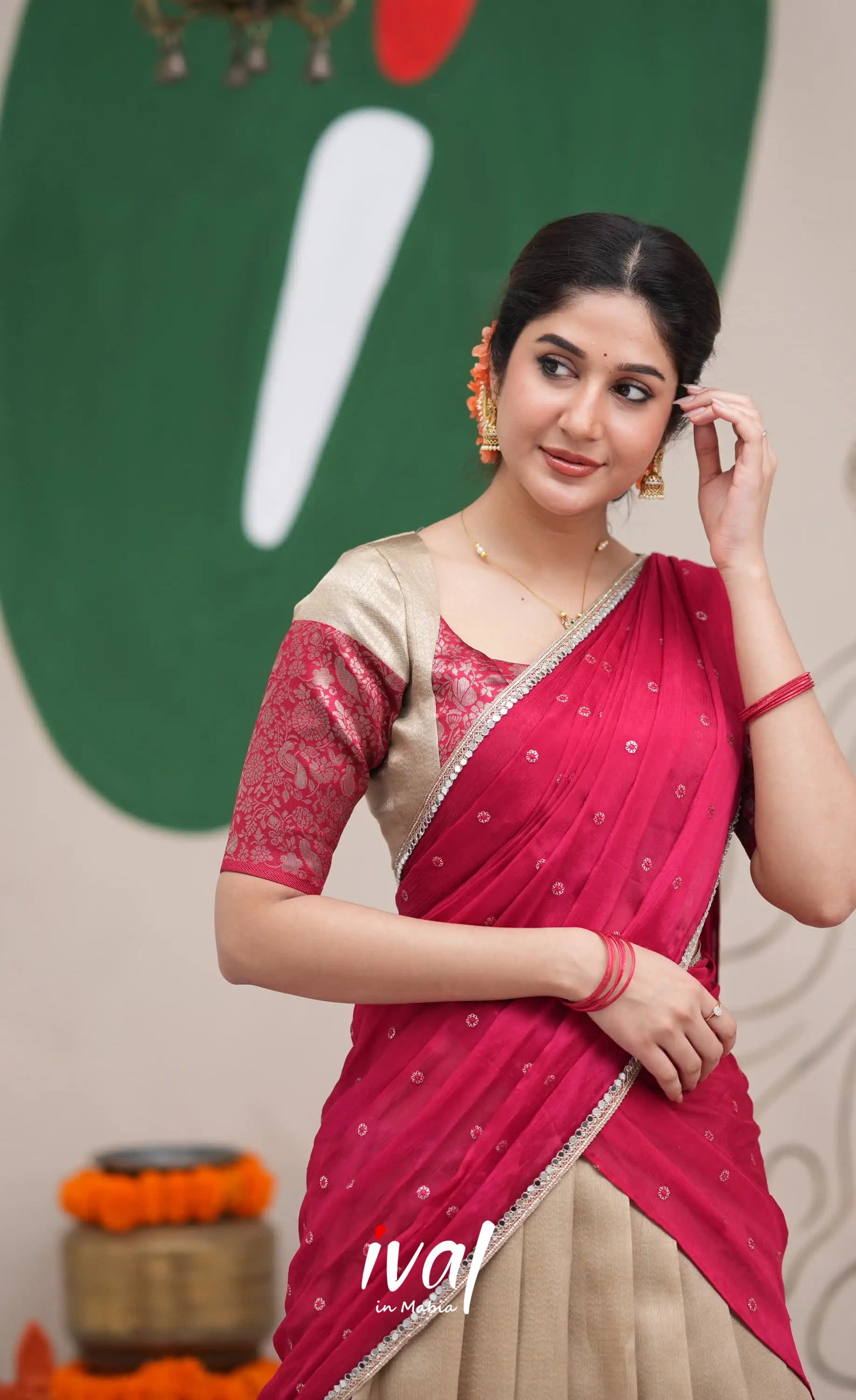 Padmakshi Creamish Gold and Red Blended Silk Halfsaree Half Sarees