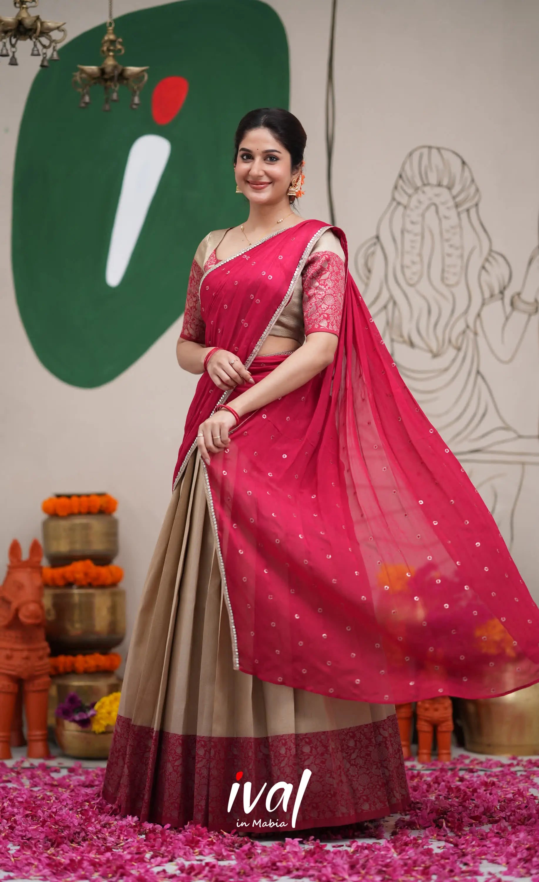 Padmakshi Creamish Gold and Red Blended Silk Halfsaree Half Sarees