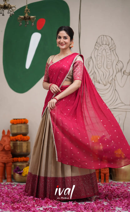 Padmakshi Creamish Gold and Red Blended Silk Halfsaree Half Sarees