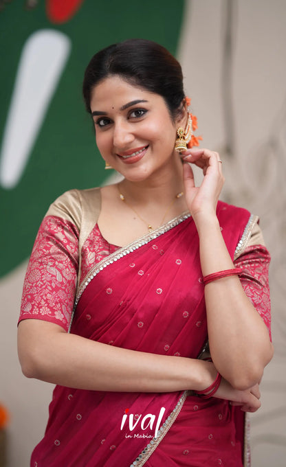 Padmakshi Creamish Gold and Red Blended Silk Halfsaree Half Sarees