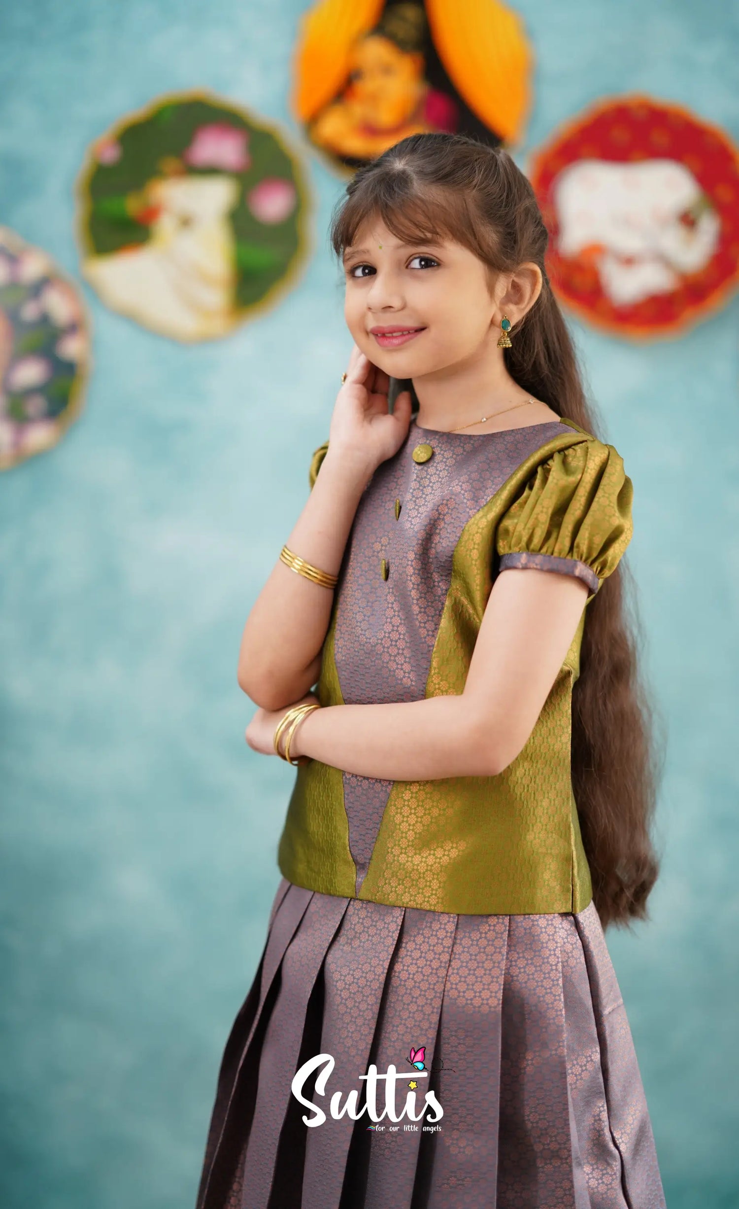 Padmakshi - Dark Blue And Olive Green Shade Pavadai Sattai Kids-Suttis