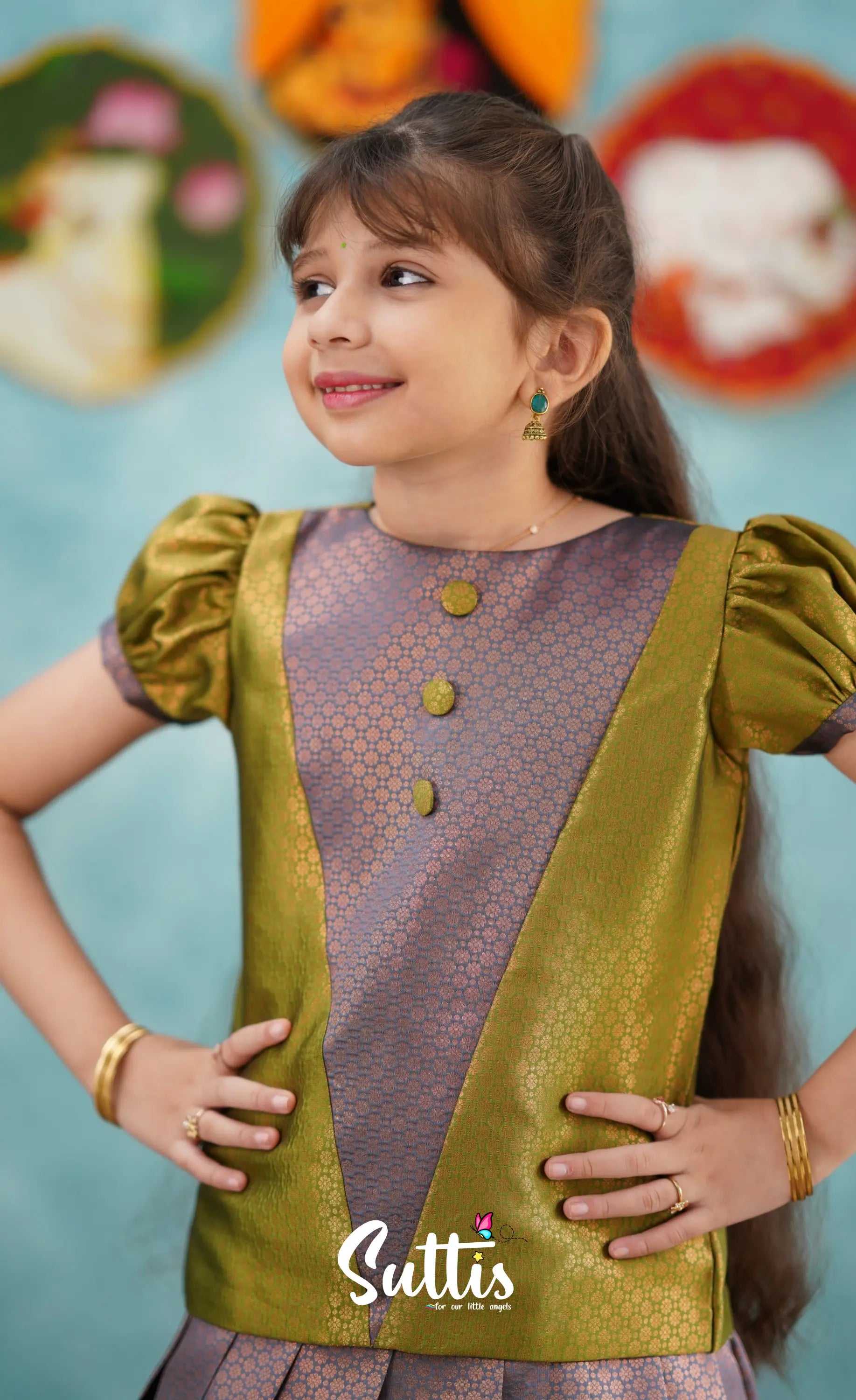 Padmakshi - Dark Blue And Olive Green Shade Pavadai Sattai Kids-Suttis