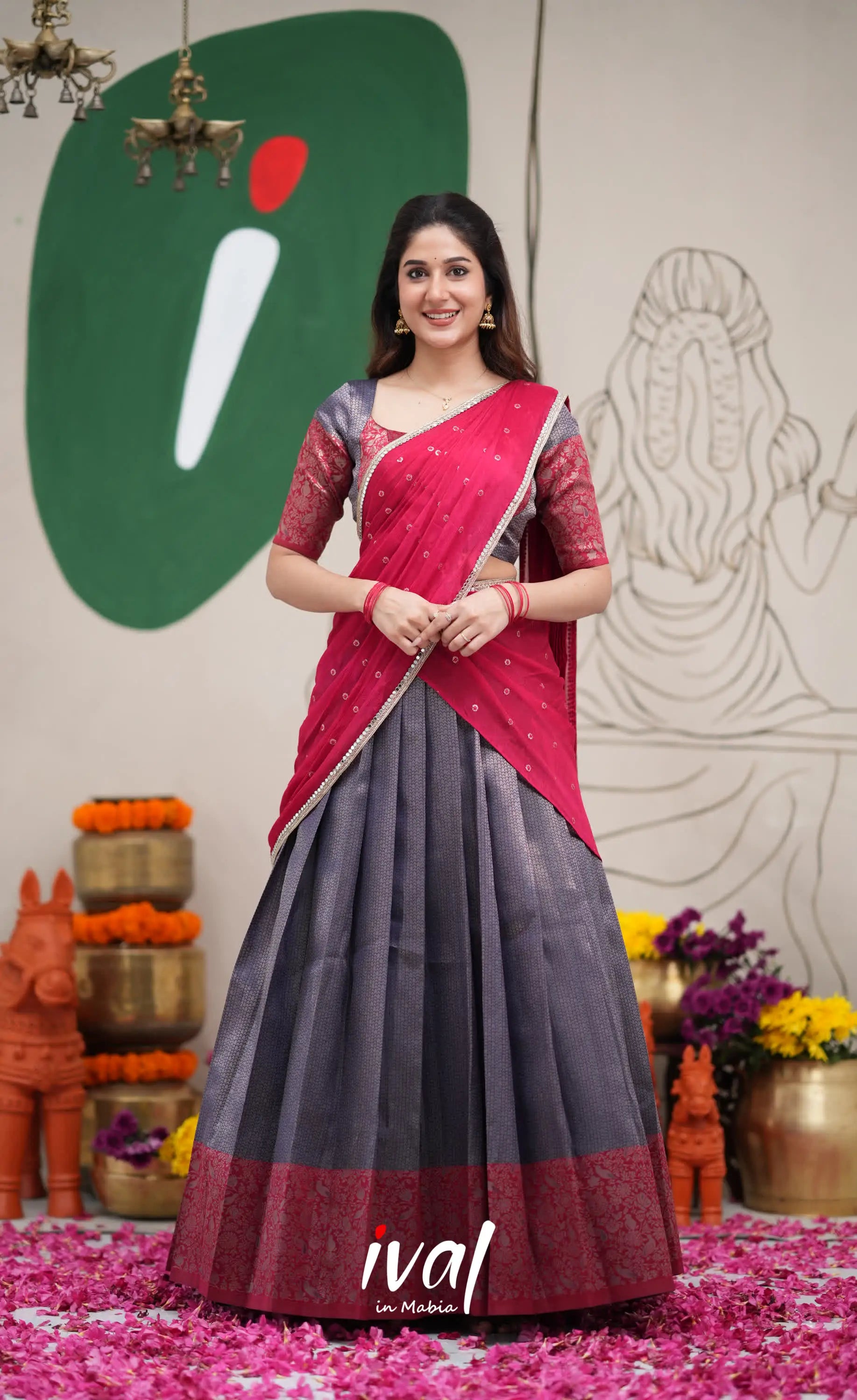 Padmakshi Dark Blue and Red Blended Silk Halfsaree Half Sarees