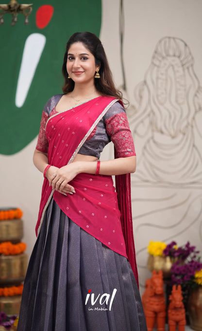 Padmakshi Dark Blue and Red Blended Silk Halfsaree Half Sarees