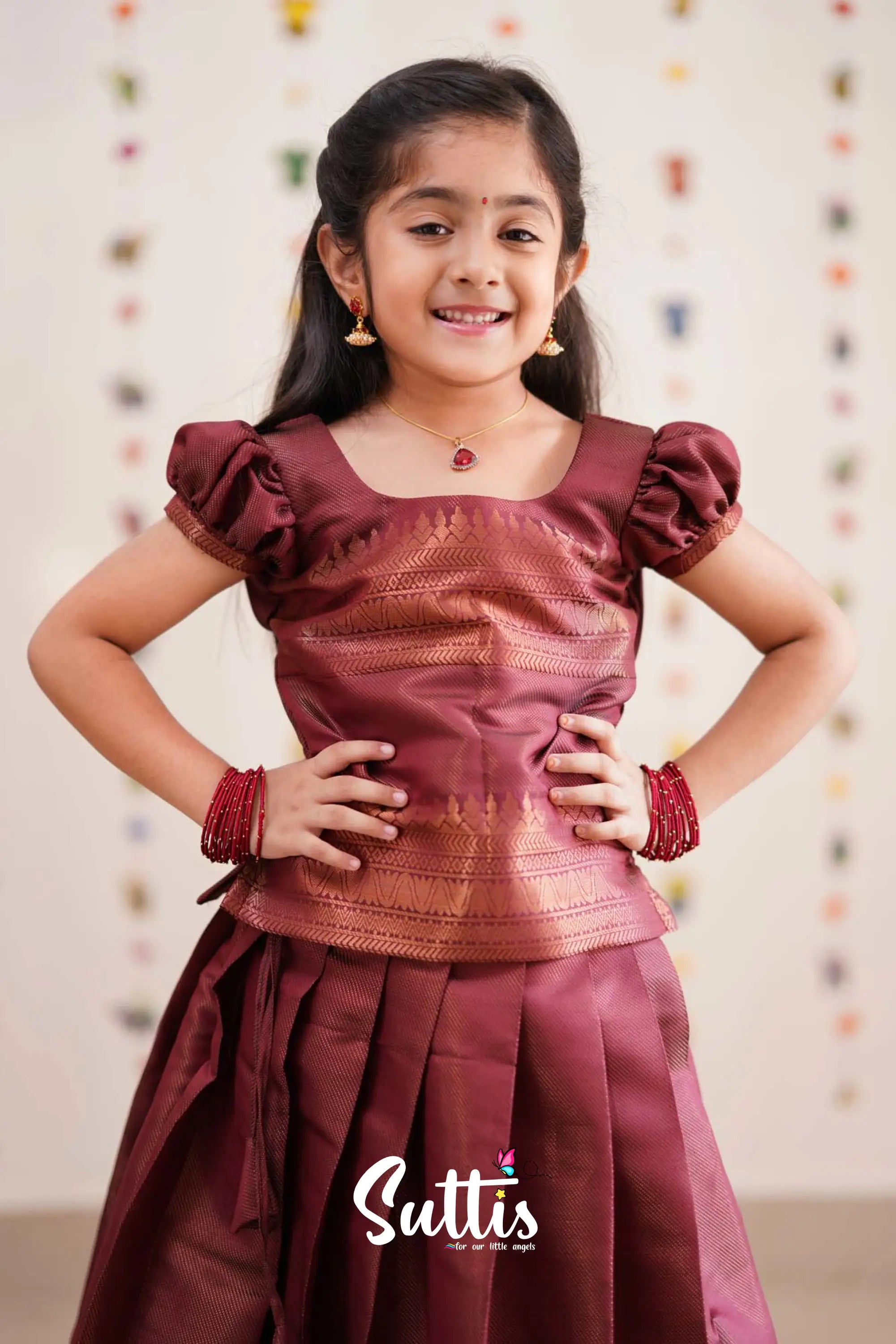 Padmakshi - Dark Maroon Semi Silk Pavadai Sattai Kids-Suttis