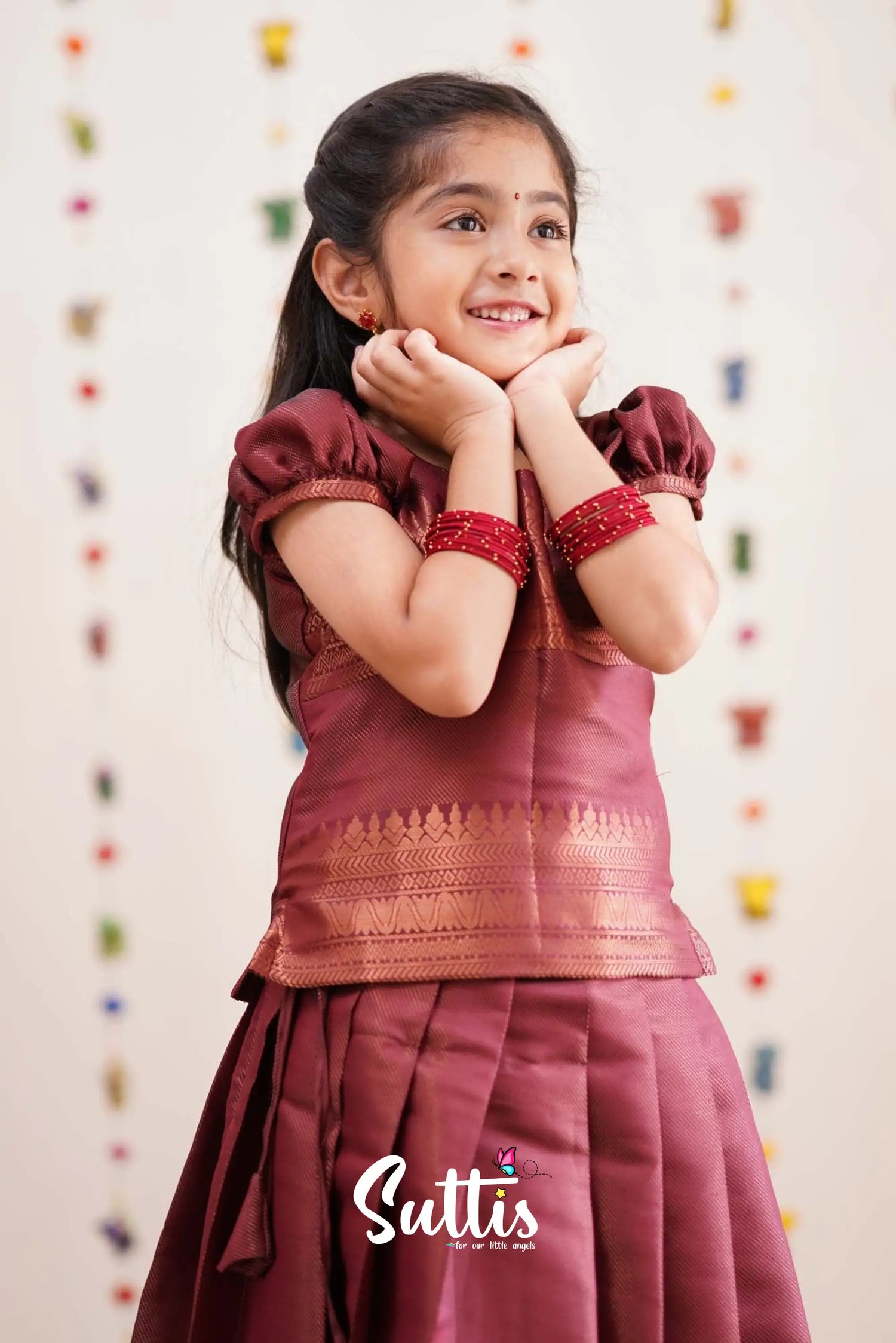 Padmakshi - Dark Maroon Semi Silk Pavadai Sattai Kids-Suttis