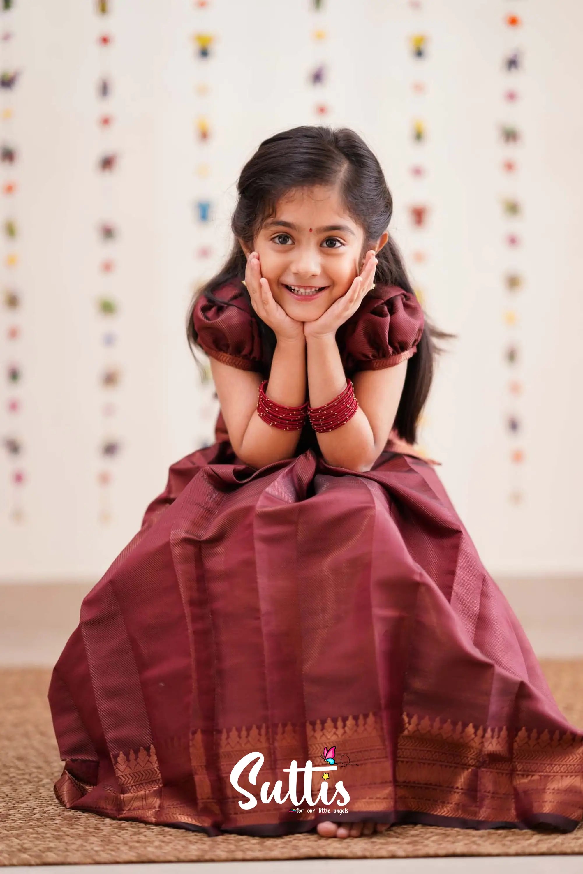 Padmakshi - Dark Maroon Semi Silk Pavadai Sattai Kids-Suttis