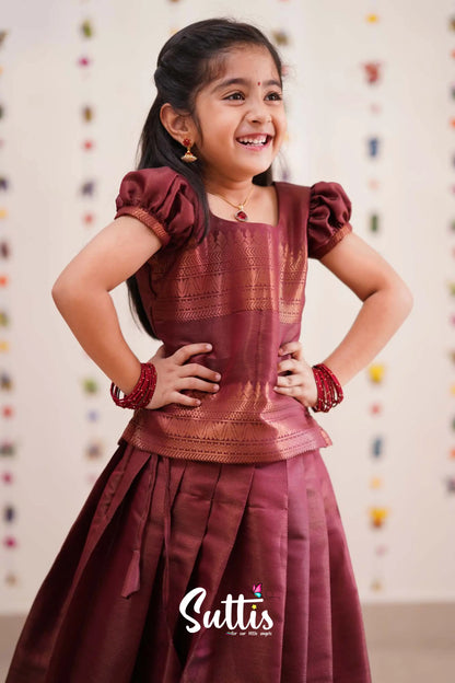 Padmakshi - Dark Maroon Semi Silk Pavadai Sattai Kids-Suttis