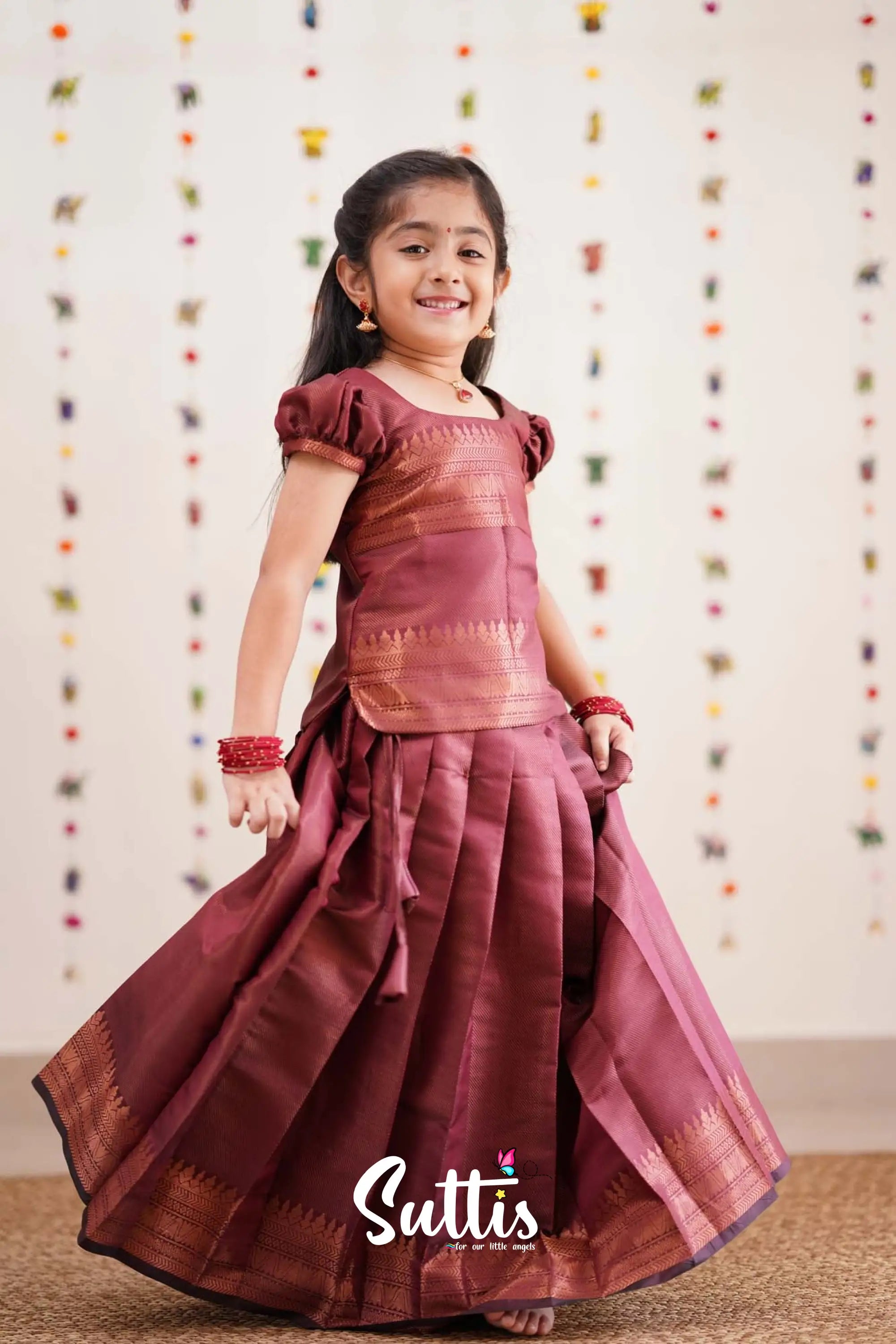 Padmakshi - Dark Maroon Semi Silk Pavadai Sattai Kids-Suttis