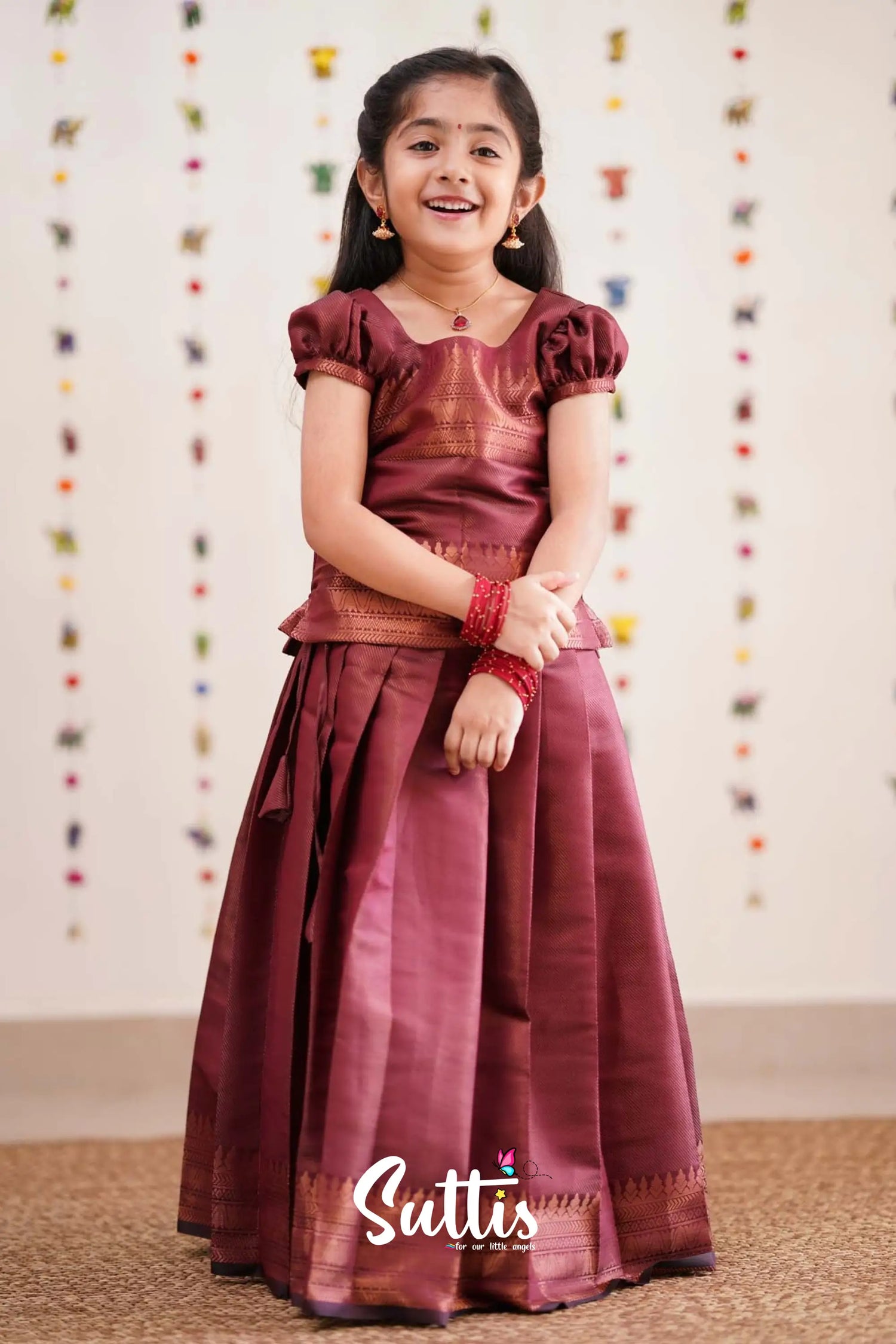 Padmakshi - Dark Maroon Semi Silk Pavadai Sattai Kids-Suttis