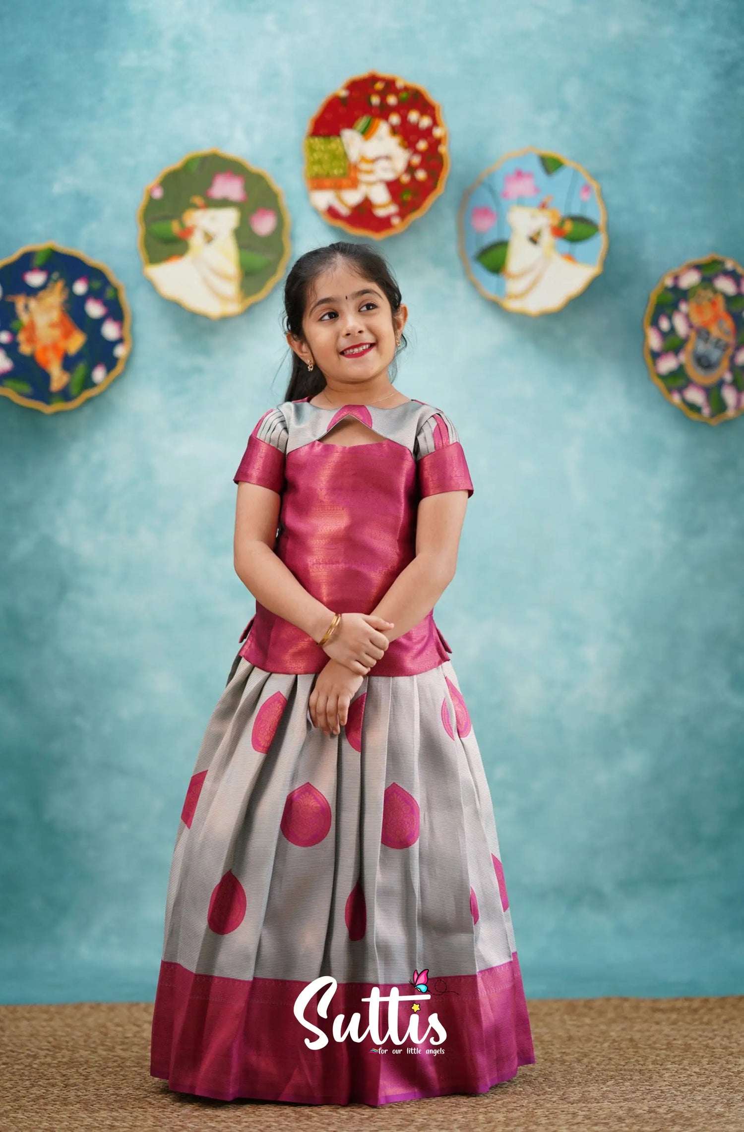 Padmakshi - Dark Pink Blended Silk Pavadai Sattai Kids-Suttis