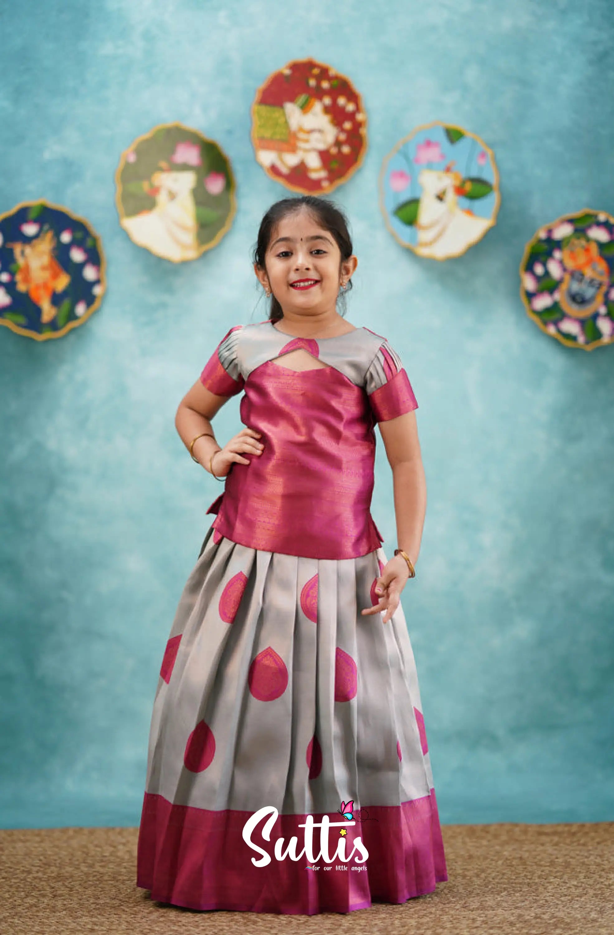 Padmakshi - Dark Pink Blended Silk Pavadai Sattai Kids-Suttis