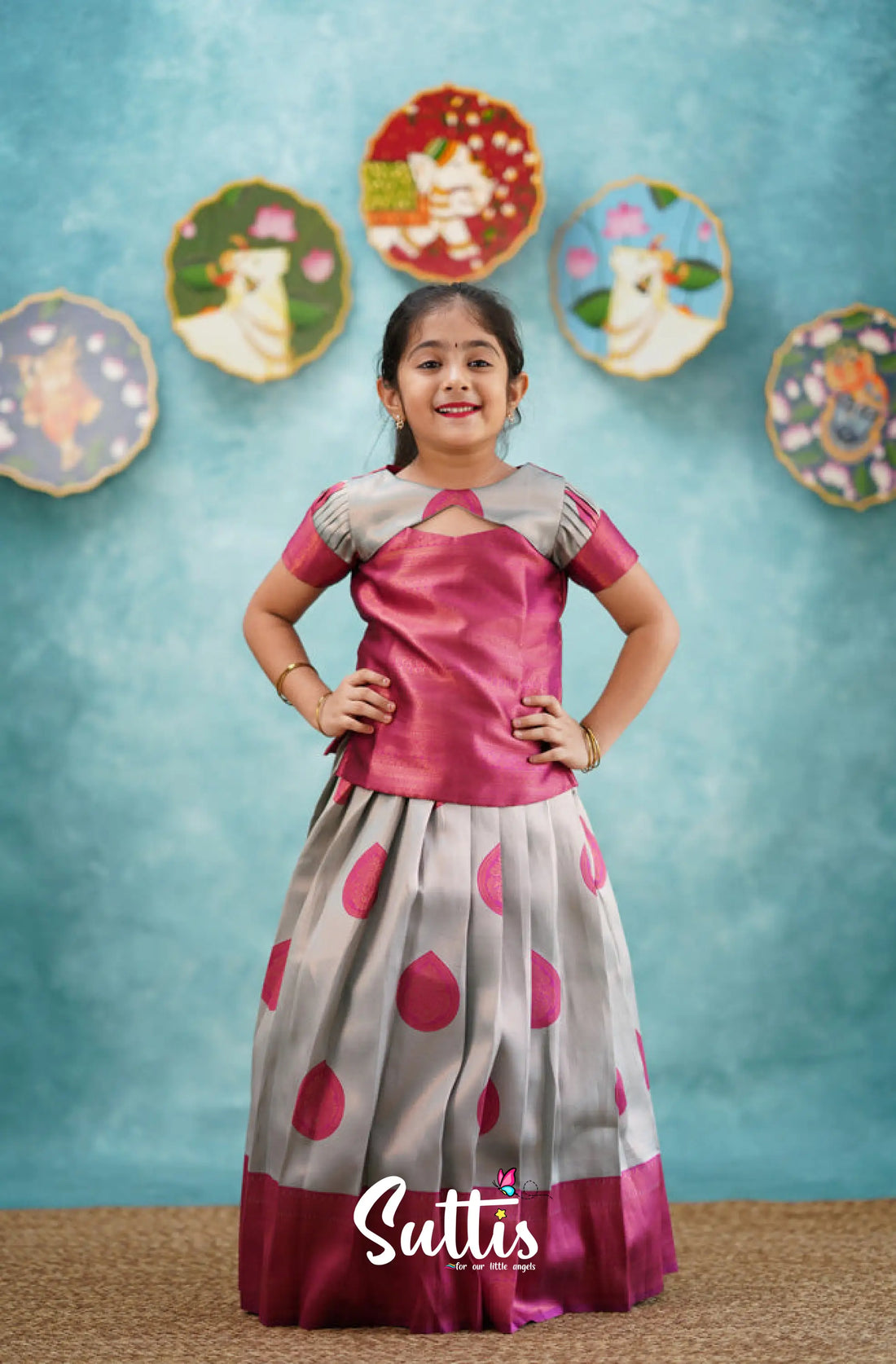 Padmakshi - Dark Pink Blended Silk Pavadai Sattai Kids-Suttis