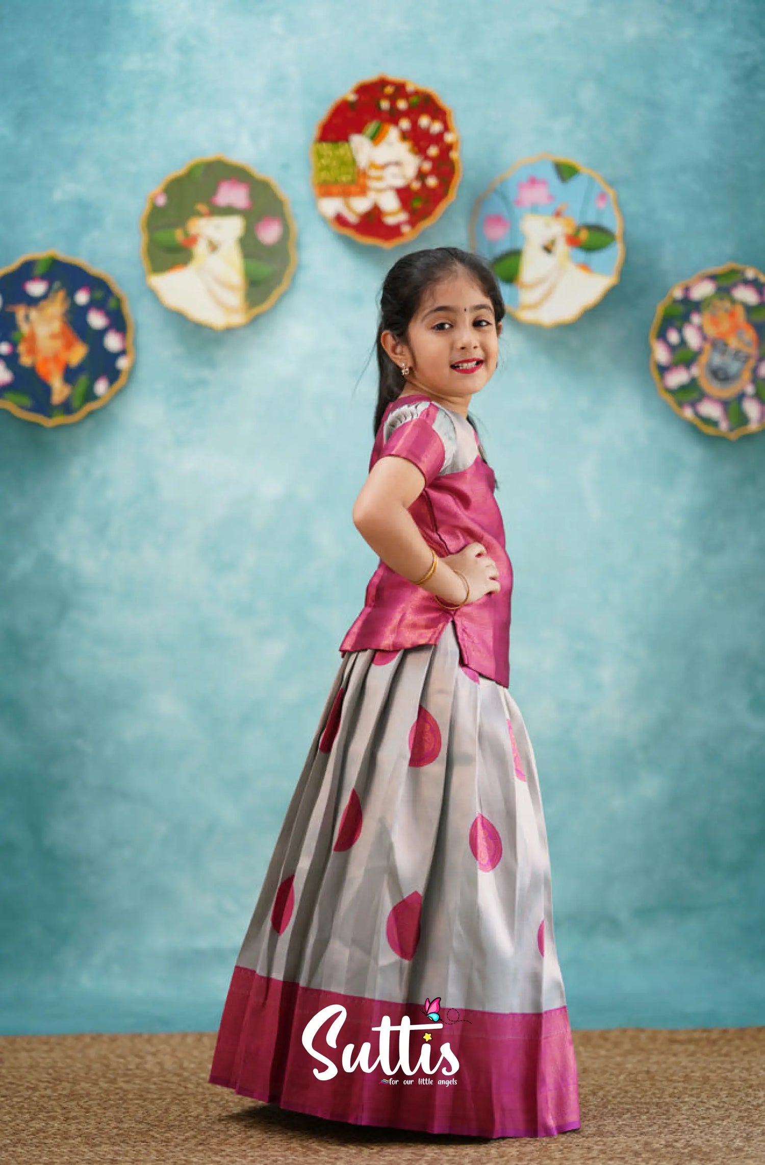 Padmakshi - Dark Pink Blended Silk Pavadai Sattai Kids-Suttis